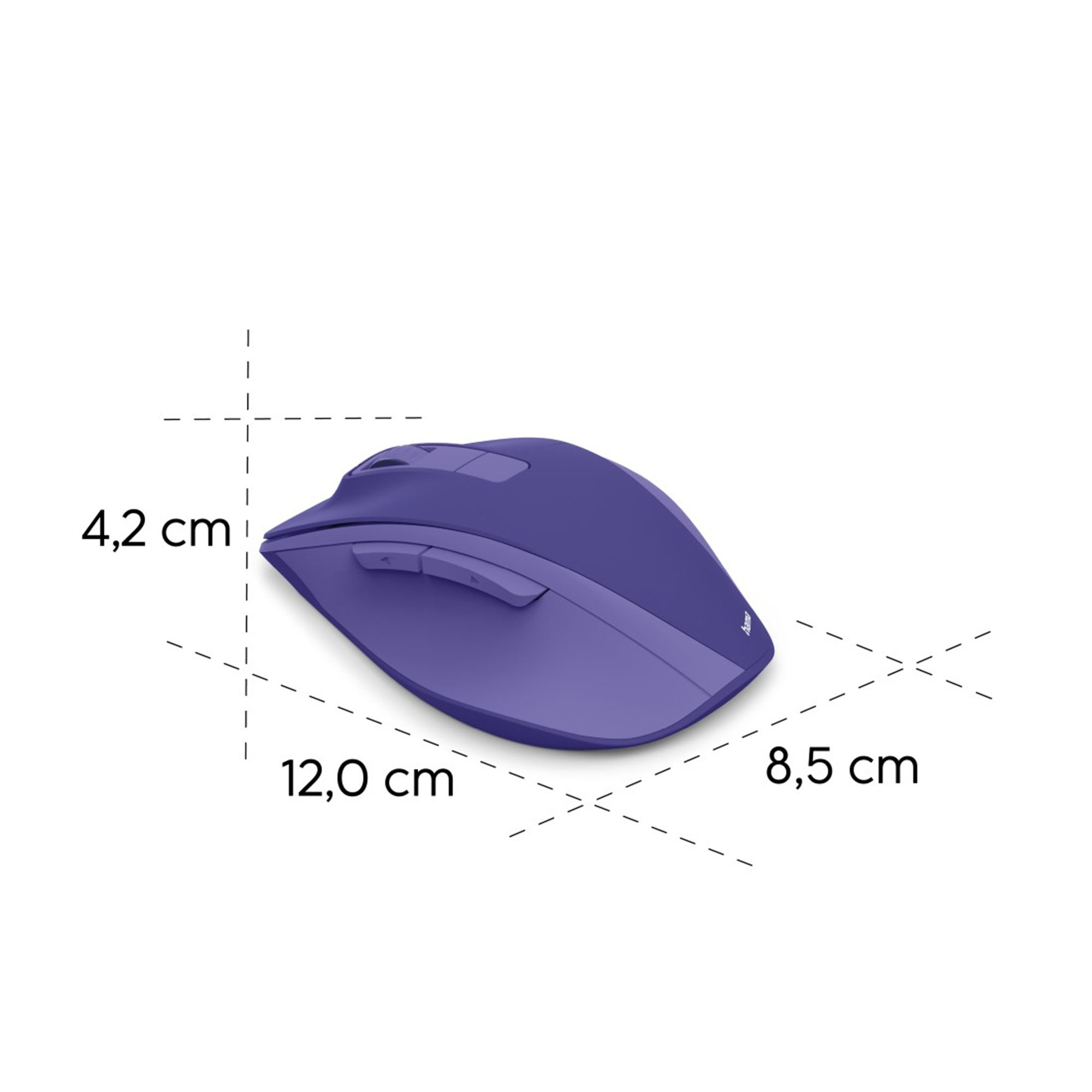 Eine lila kabellose Maus mit den Maßen 12,0 x 8,5 x 4,2 cm wird auf weißem Hintergrund angezeigt.