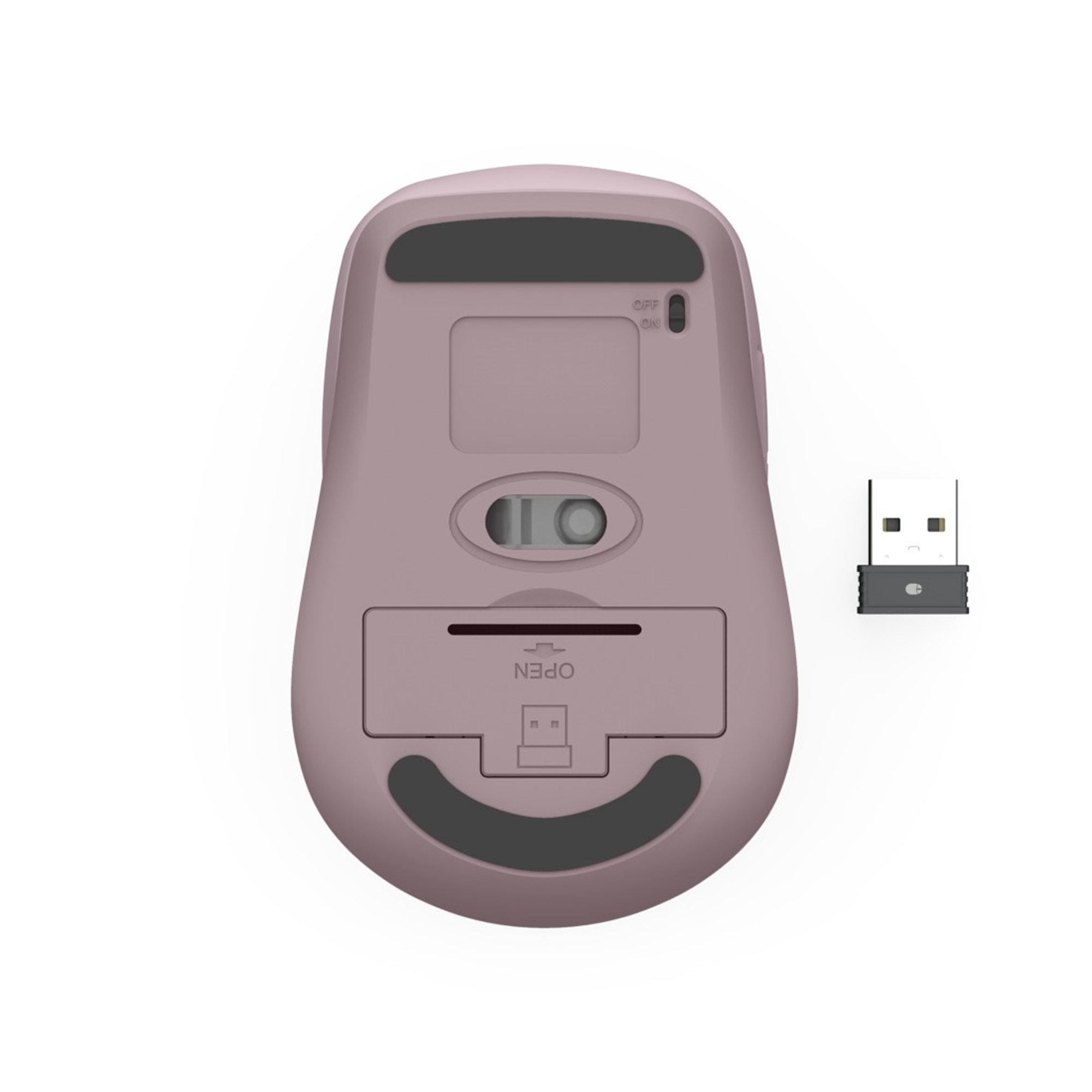 Staubrosa kabellose Maus mit USB-Empfänger. Die Maus hat schwarze Pads und einen Netzschalter. Der USB-Empfänger ist schwarz und weiß.