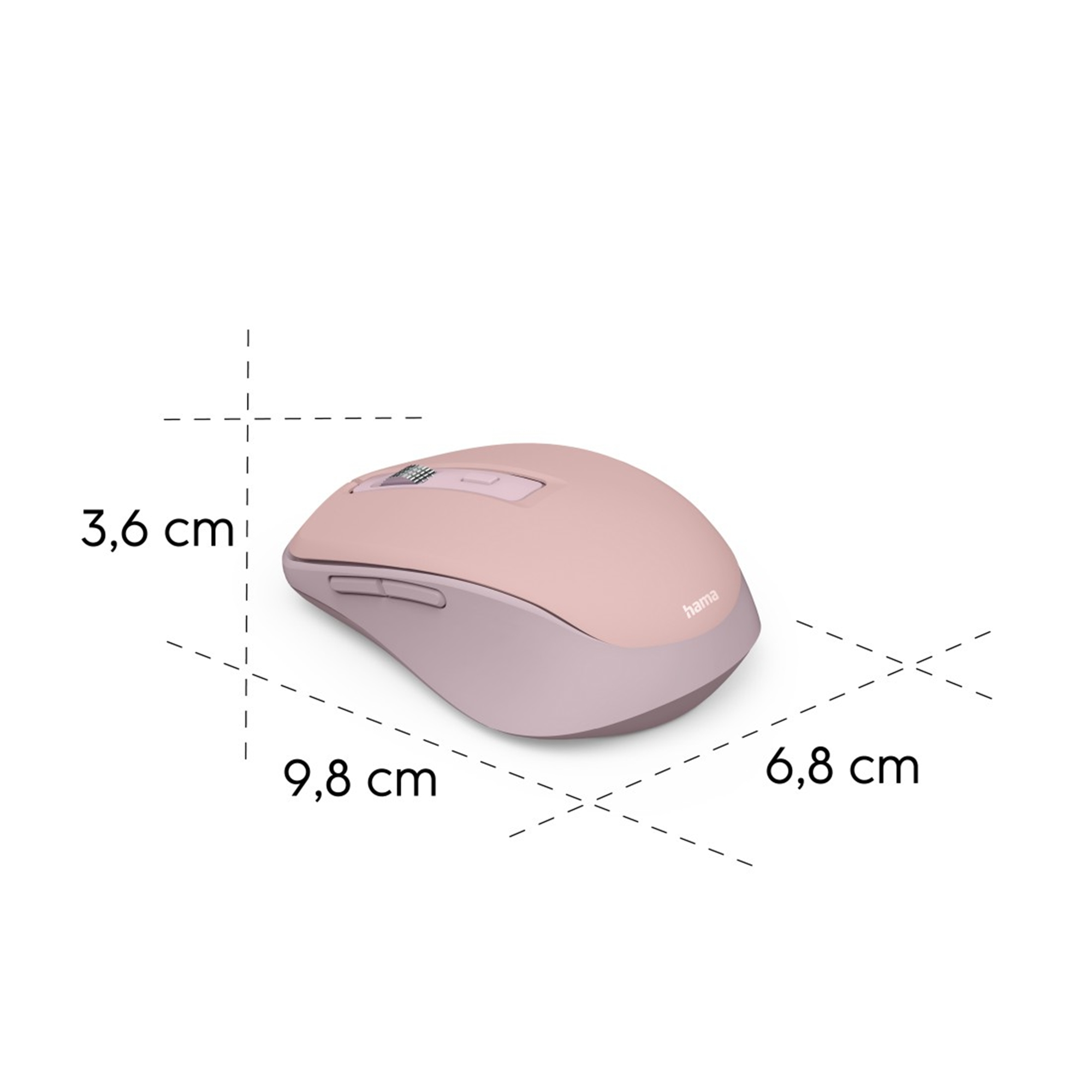Drahtlose Computermaus in Rosa und Lila mit Maßangaben. Der Markenname ist sichtbar.