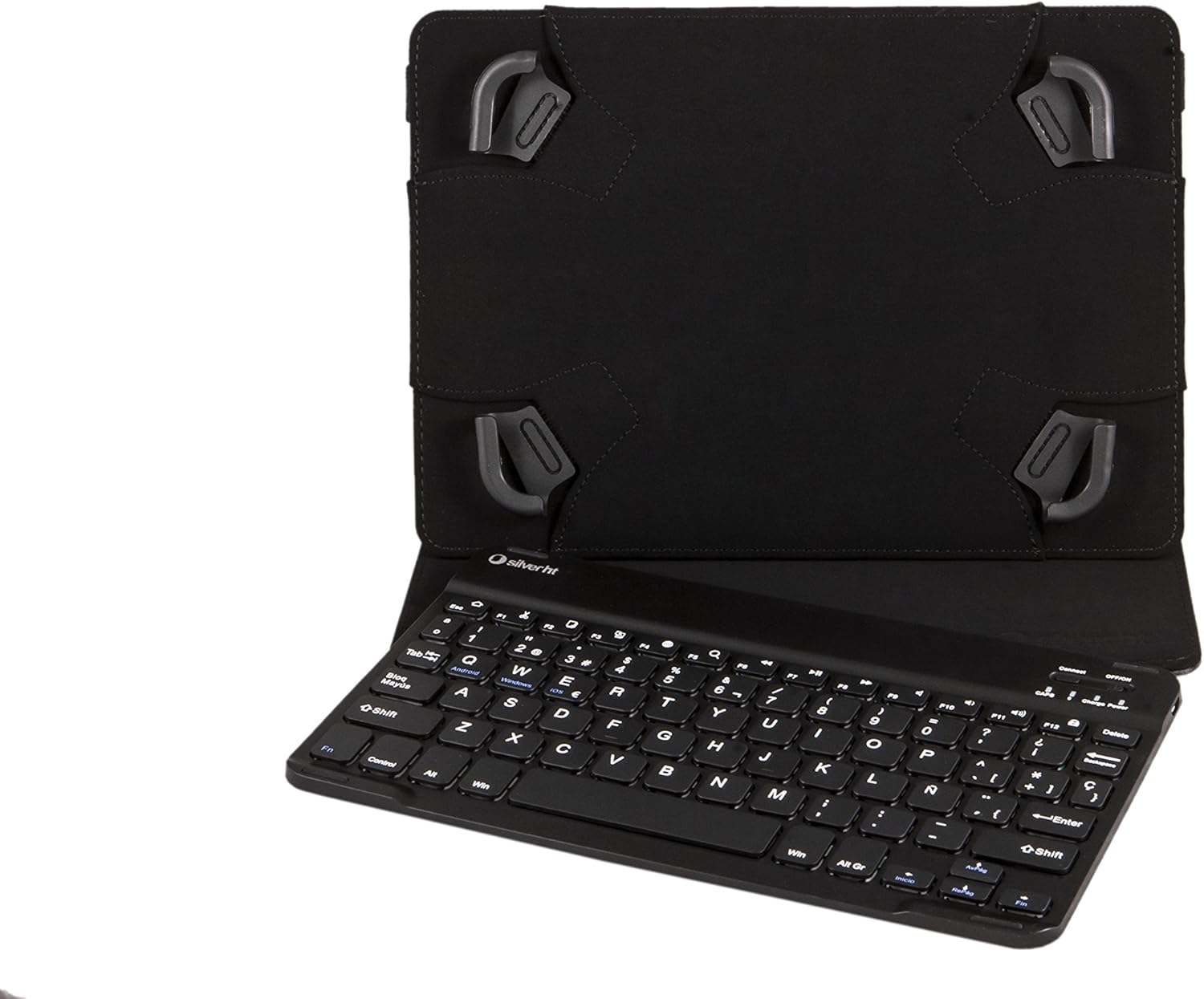 Czarna klawiatura z białymi literami jest umieszczona na czarnym etui na tablet. Klawiatura znajduje się przed etui.