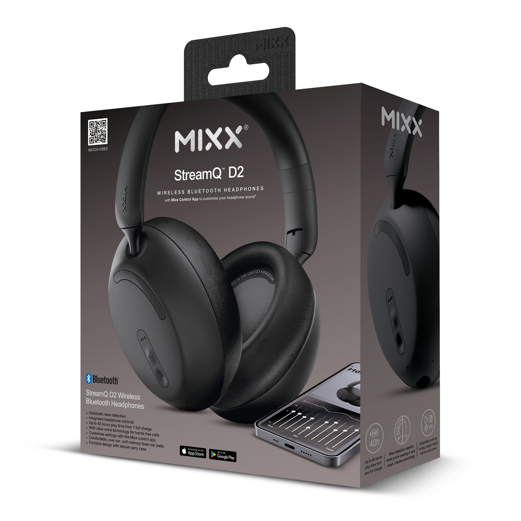 Zwarte MIXX StreamQ D2 draadloze Bluetooth-hoofdtelefoon op een doos. Kenmerken zijn onder meer automatische slijtage detectie en geïntegreerde bediening.