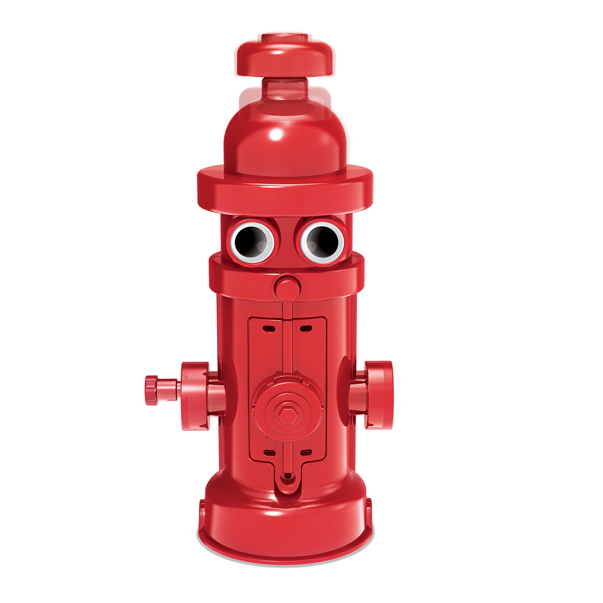 Czerwony hydrant z dwoma czarnymi oczami z białymi obwódkami, małym czerwonym nosem i dwoma bocznymi uchwytami, na białym tle.