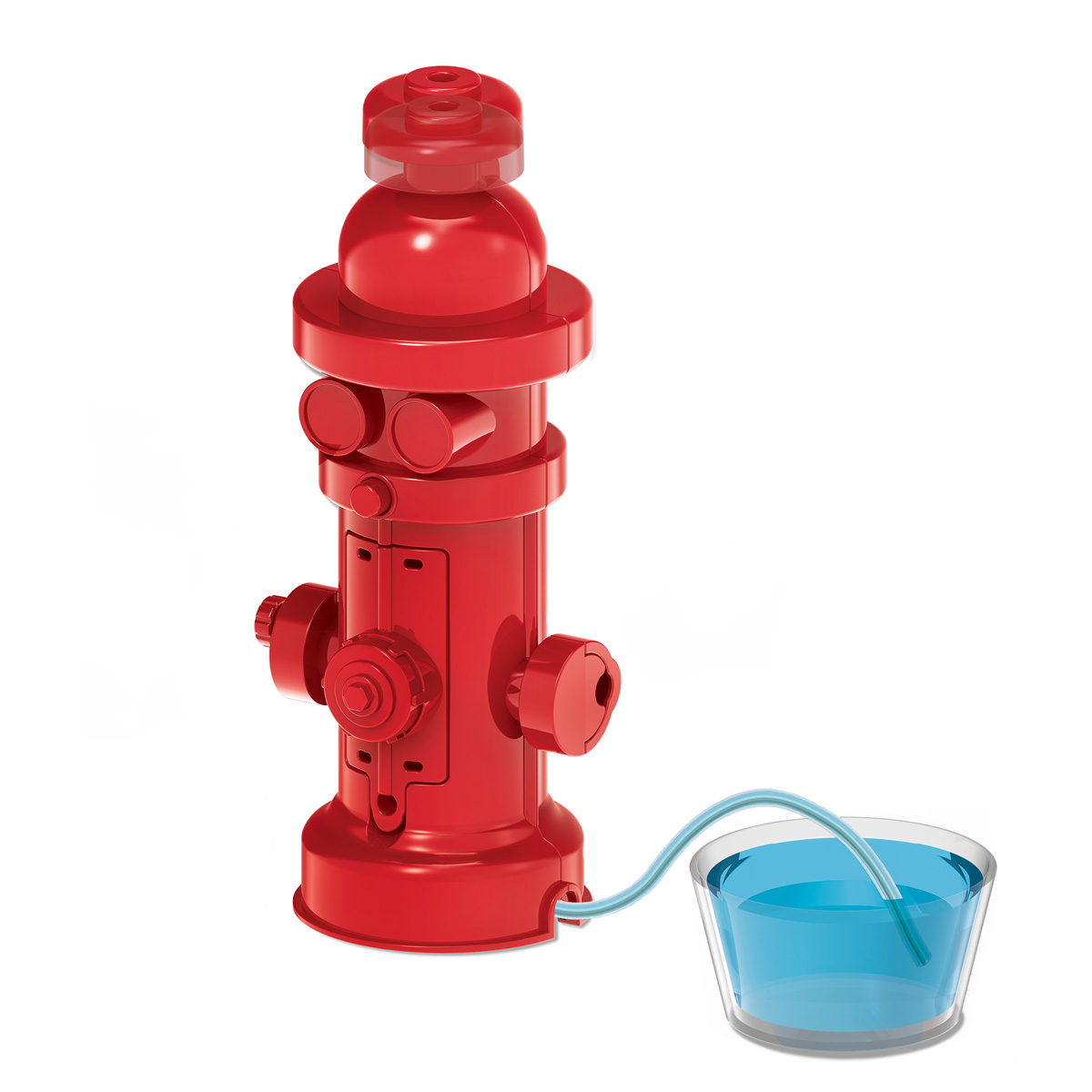 Czerwony hydrant z wężem napełnia szklaną miskę niebieską wodą. Scena na białym tle.