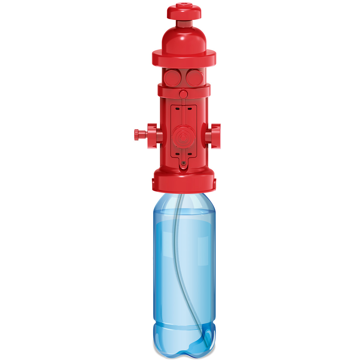 Czerwony hydrant stoi na niebieskiej butelce z wodą. Rurka biegnie od hydrantu do butelki. Białe tło.