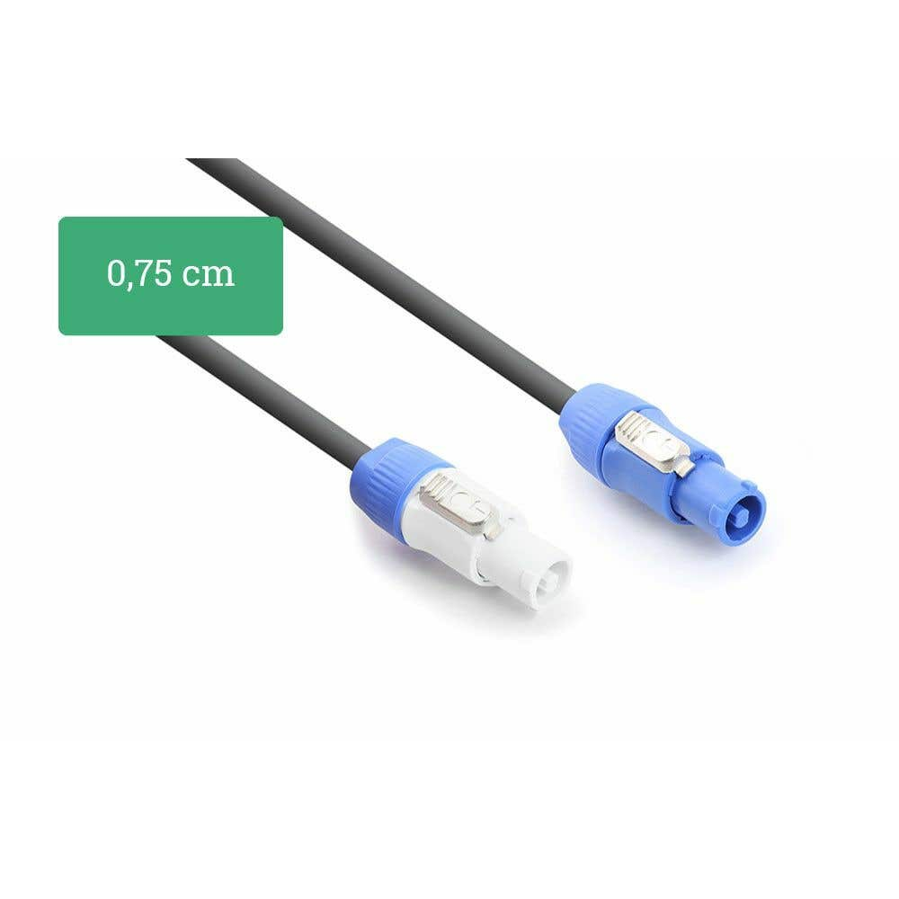 Primer plano de dos cables de audio con conectores azules y blancos. Una caja verde muestra el texto: 0,75 cm.
