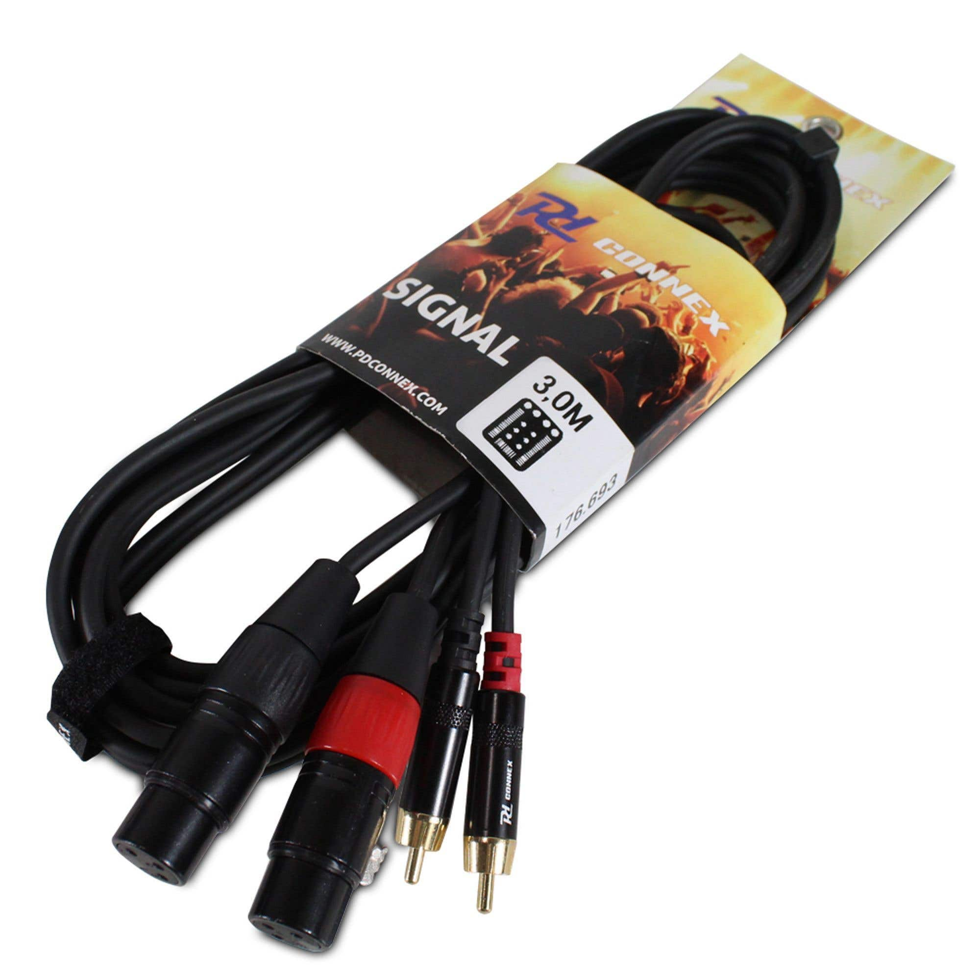 Un juego de cables de audio agrupados. Cables negros con varios conectores, empaquetados con una etiqueta de marca. Se indica una longitud de 3,0 m.