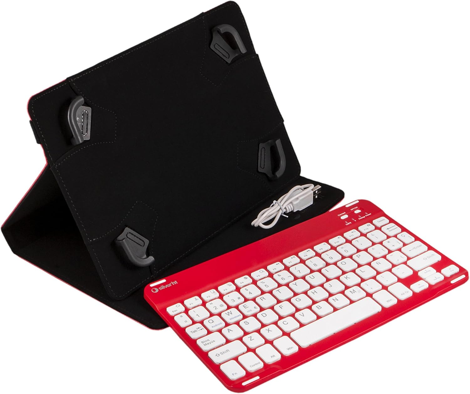 Czerwona klawiatura z białymi klawiszami obok czarnego etui na tablet, połączona białym kablem USB.