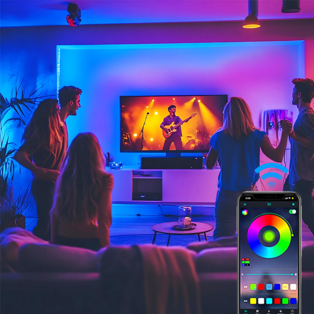 Ludzie w pokoju z telewizorem pokazującym koncert. Widoczne kolorowe światła i smartfon z kołem kolorów.