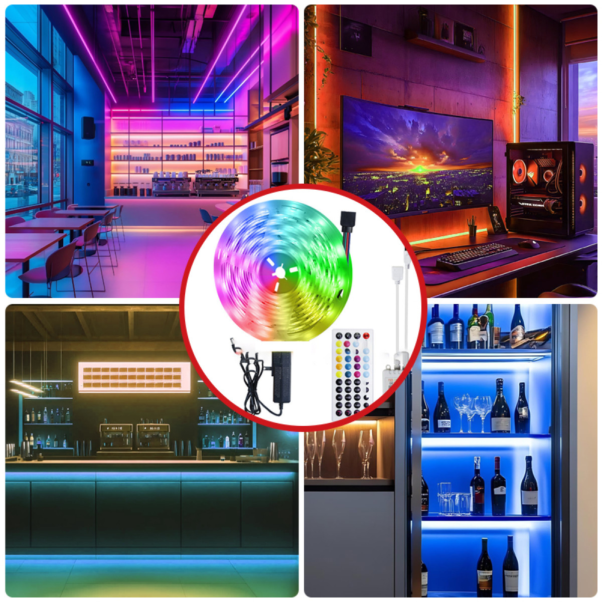 Obraz przedstawia listwy LED w różnych ustawieniach: bar, kawiarnia, konfiguracja komputera i szafka na wino, z centralną rolką listwy.