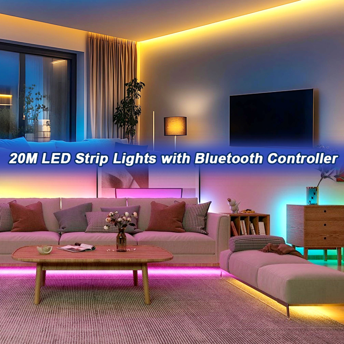 Nowoczesny salon z oświetleniem LED. Widoczna sofa, stolik kawowy i telewizor. Kolory obejmują różowy, niebieski i żółty.