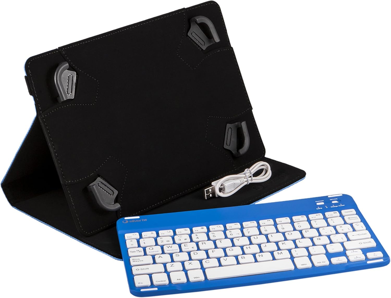 Una funda para tableta y un teclado inalámbrico azul. La funda es negra y abierta, con un cable USB blanco. El teclado tiene teclas blancas.