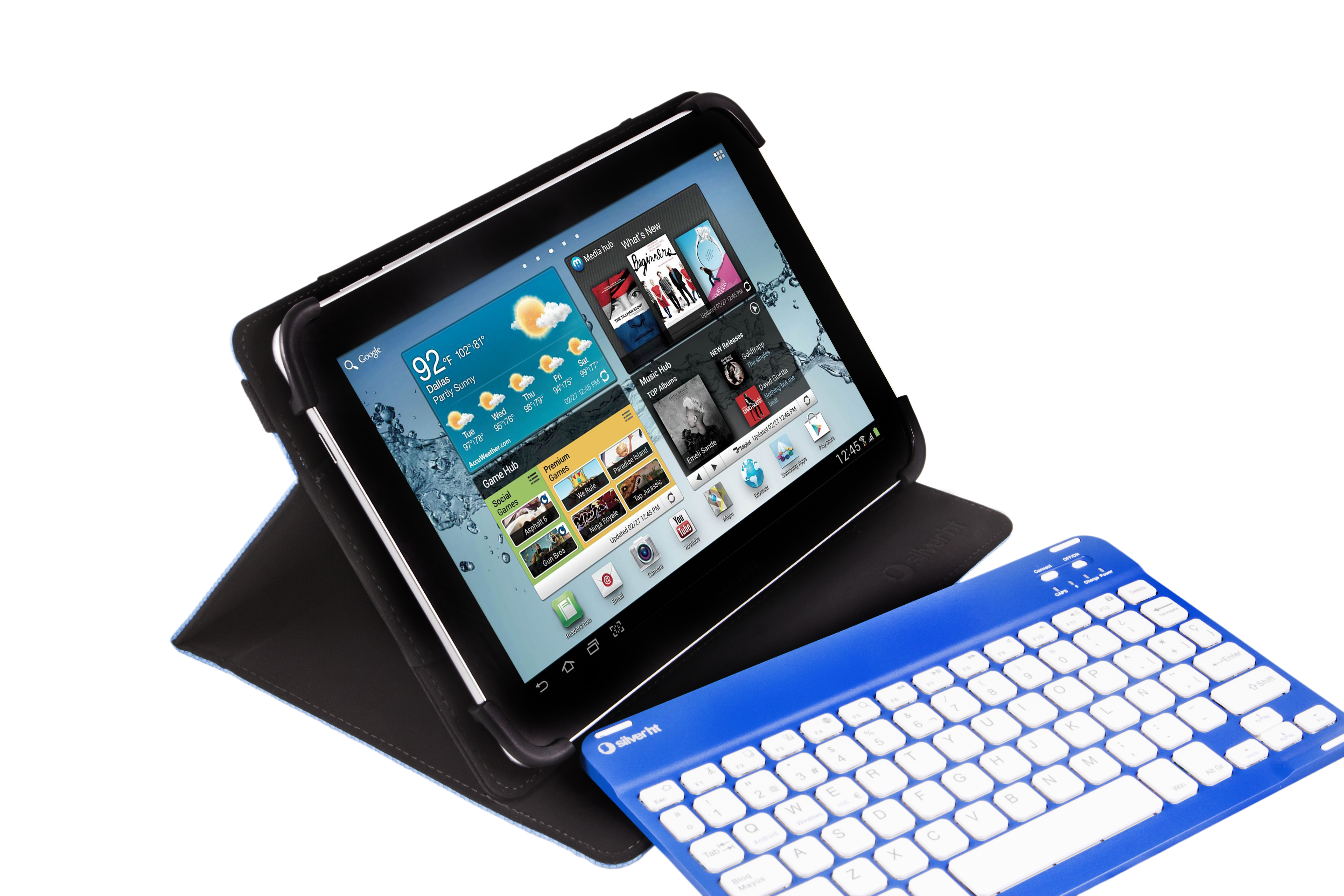 Una tableta en una funda negra con un teclado azul. La tableta muestra una aplicación del tiempo y otras aplicaciones.