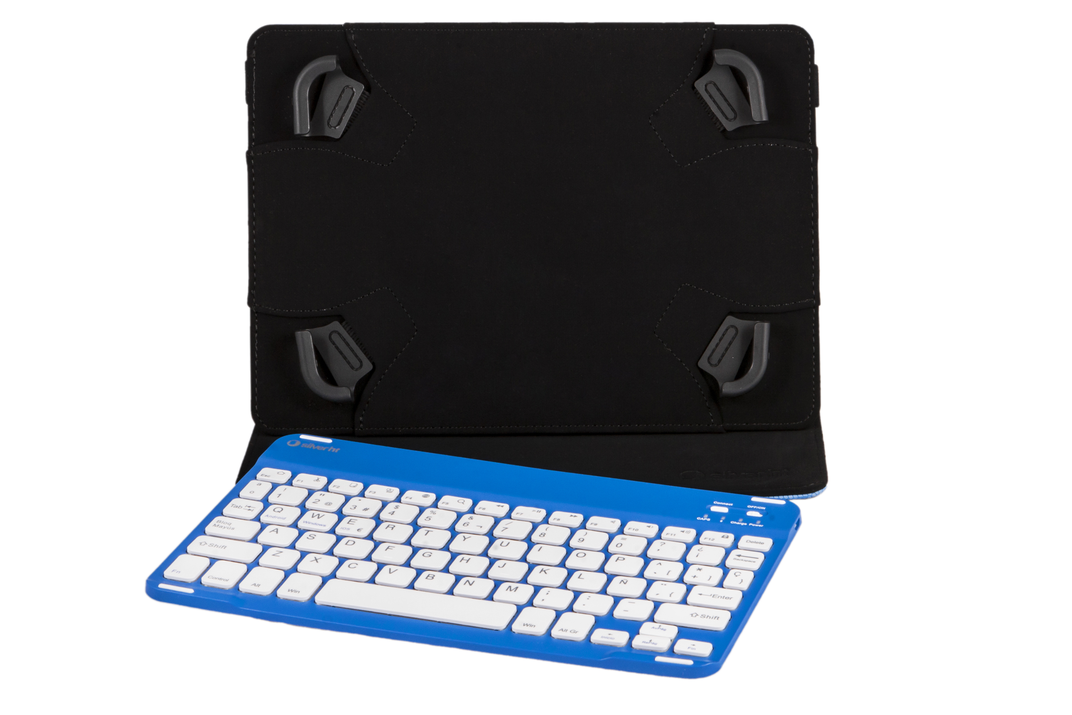 Funda negra para tableta con soportes grises y un teclado azul con teclas blancas.