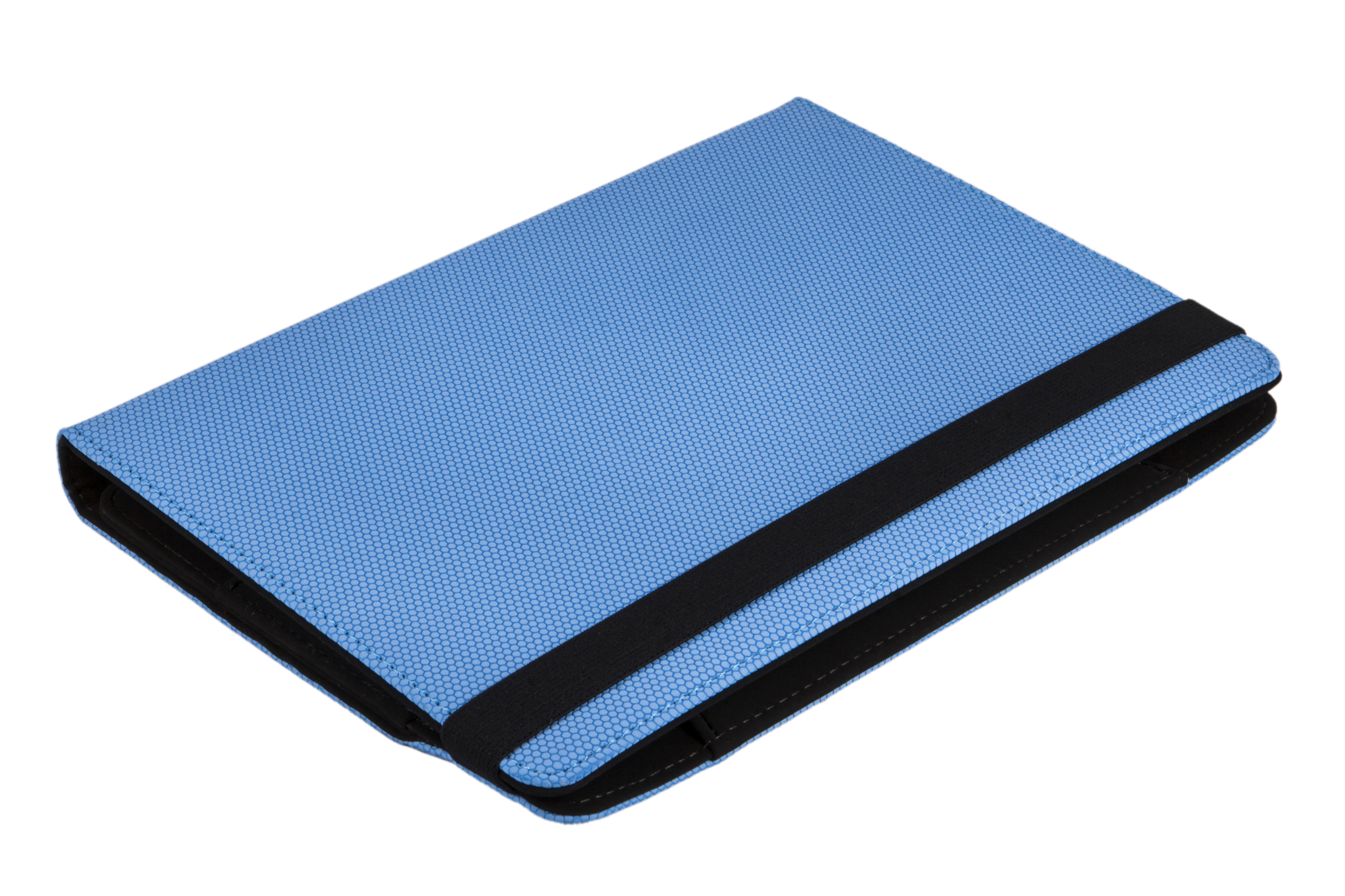 Un archivador de tarjetas azul con una banda elástica negra sobre fondo blanco.