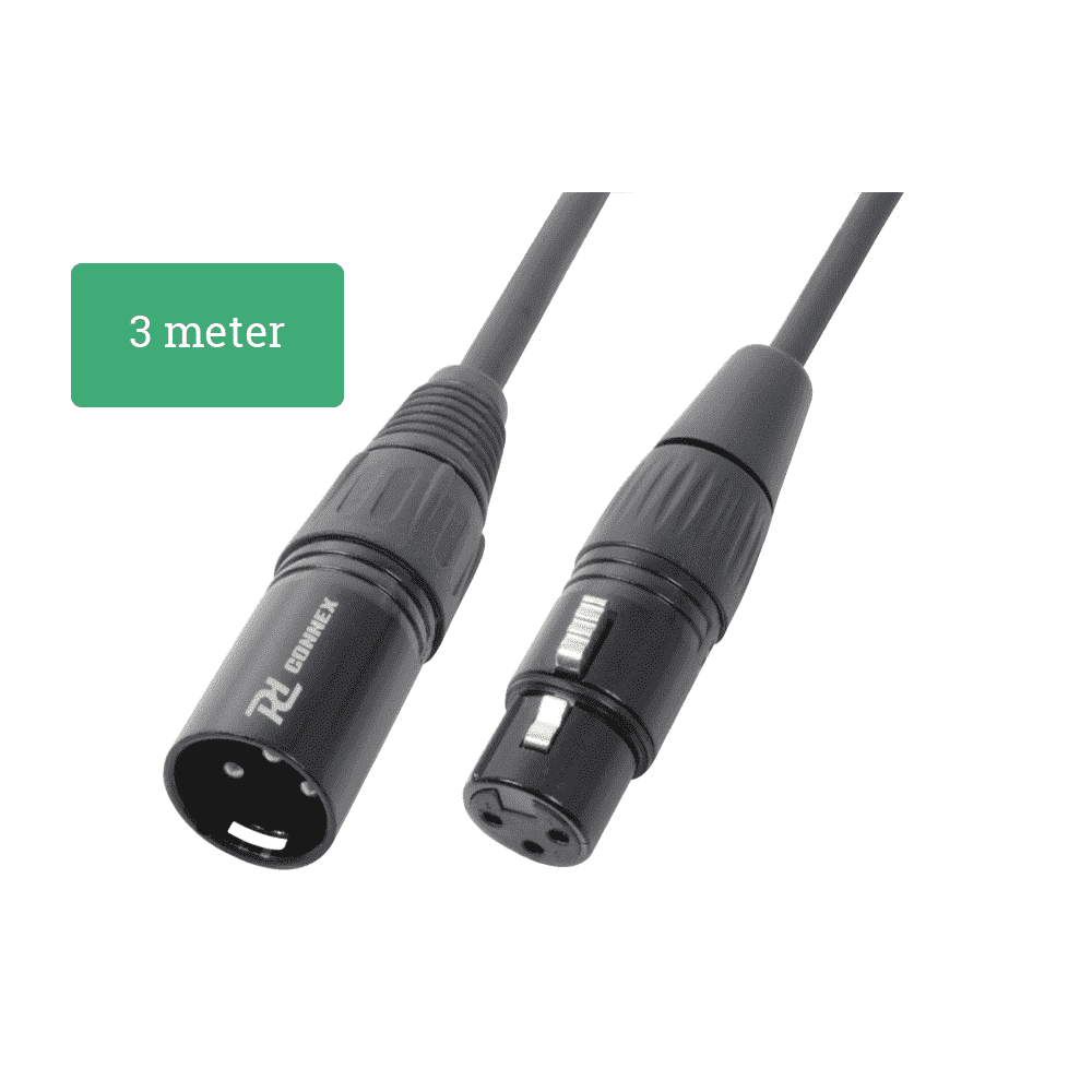 Dos cables XLR negros. El primer cable tiene un logotipo de RL Connex. Una caja verde dice 3 metros.