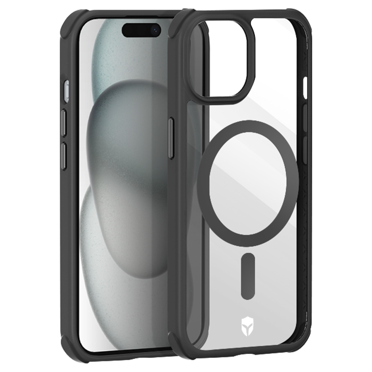 Een transparante telefoonhoes met een zwart frame beschermt een telefoon. De hoes is transparant met een cirkelvormige magneet in het midden.