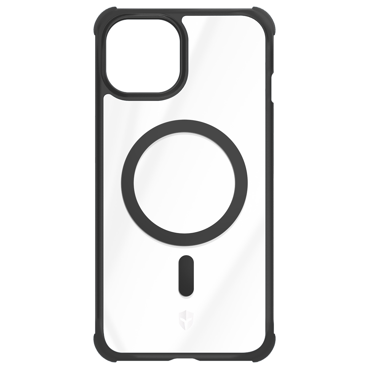 Een doorzichtige telefoonhoes met een zwart frame. Het heeft een cirkel en een kleinere rechthoek, mogelijk voor draadloos opladen.