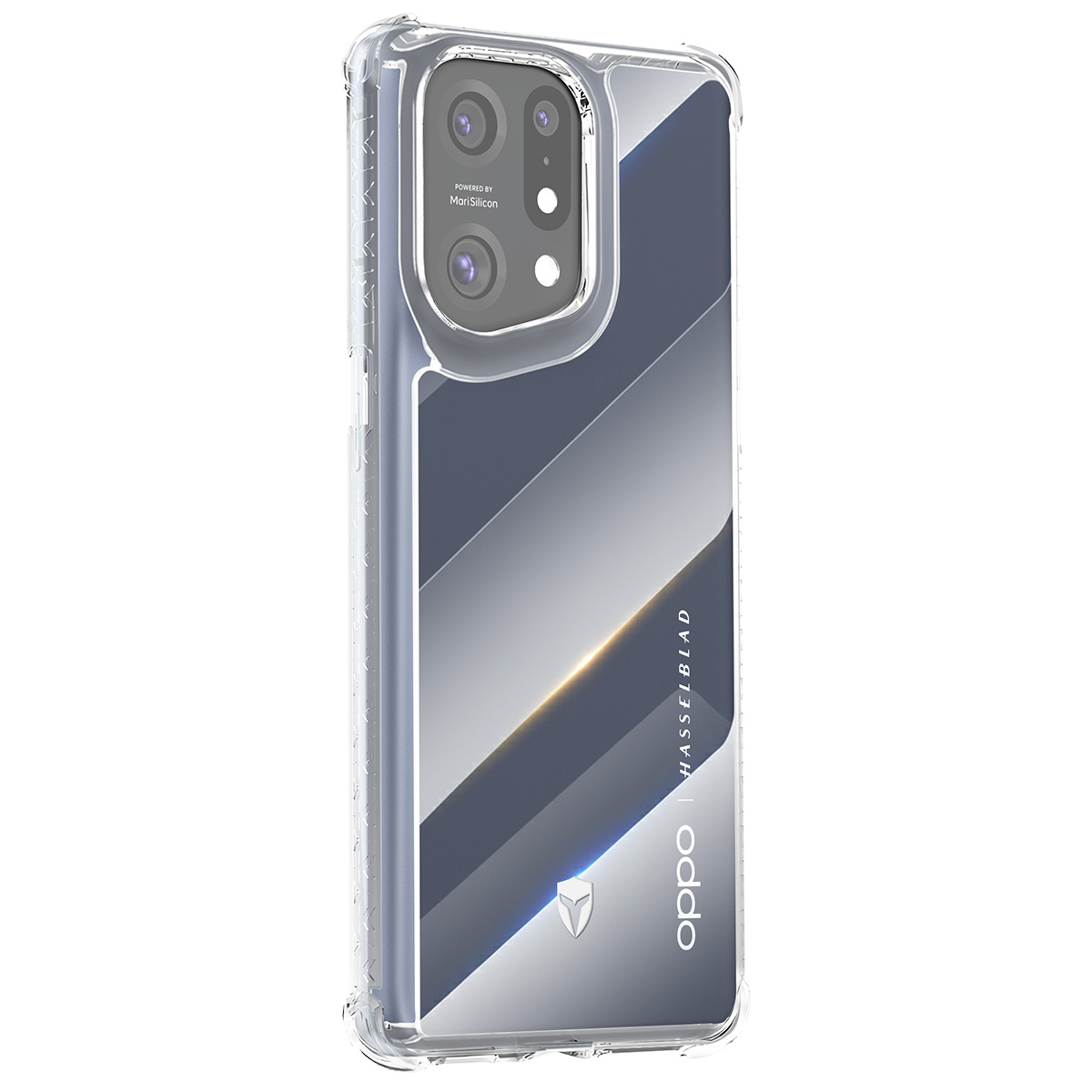 Eine transparente Handyhülle mit Farbverlauf bedeckt ein Telefon. Die Hülle hat einen Kameraausschnitt und die Marke Oppo ist sichtbar.