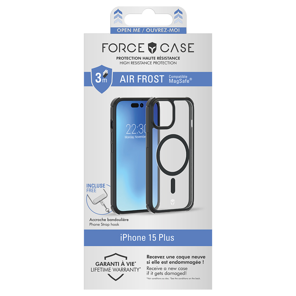 Een telefoonhoesverpakking met een iPhone 15 Plus hoesje en telefoon. De hoes is transparant met zwarte randen.
