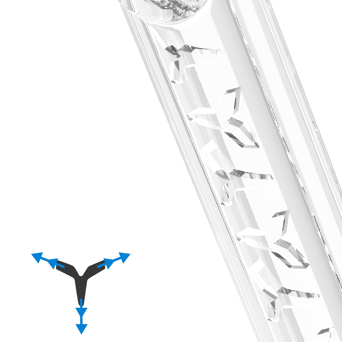 Ein durchsichtiges, abgewinkeltes Glasrohr mit sternförmigen Designs. Ein blaues Pfeildiagramm befindet sich unten links.