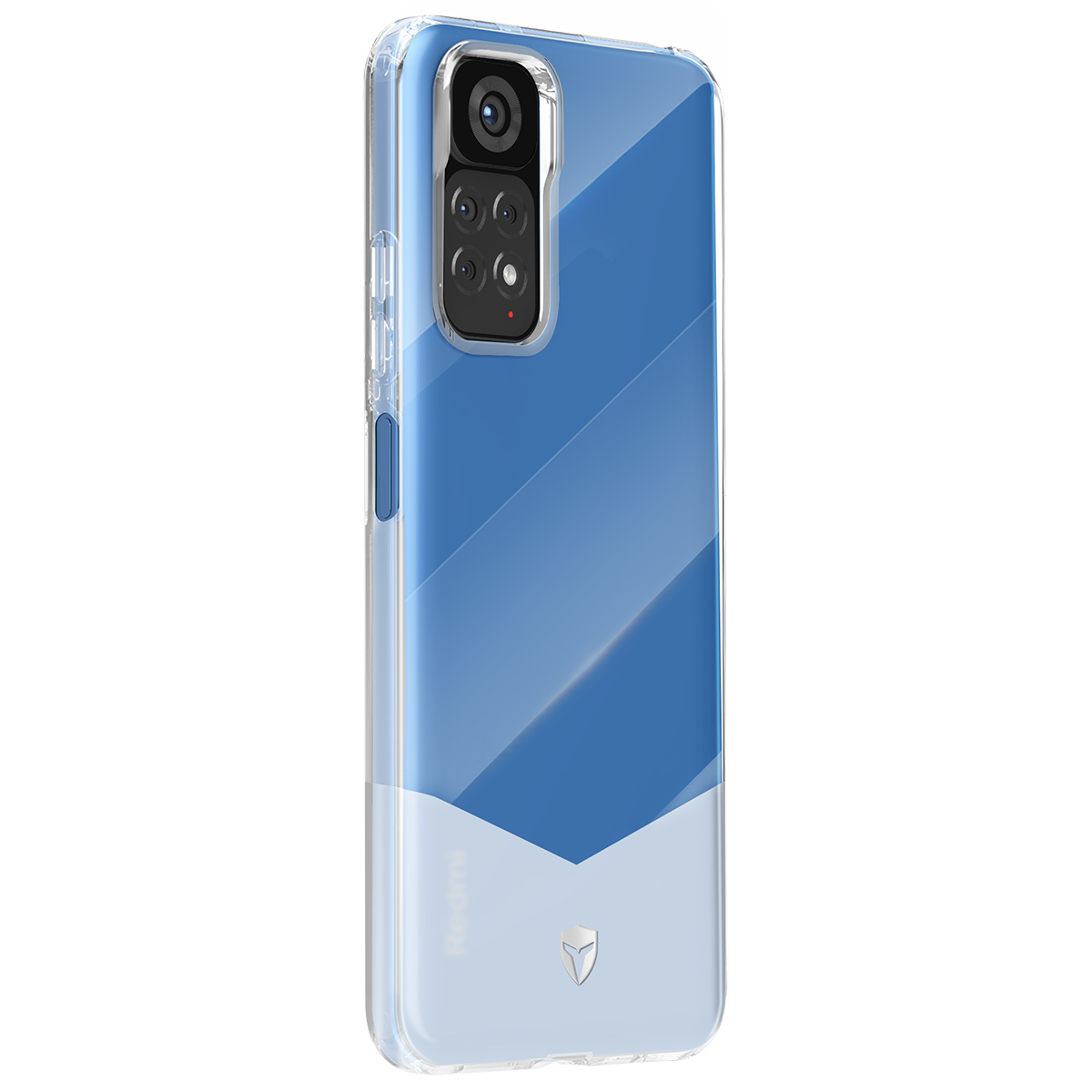 Uno smartphone in una custodia trasparente. Il telefono ha un design blu e bianco, con un modulo fotocamera in alto a sinistra.