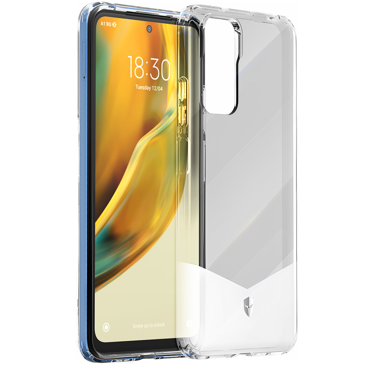 Uno smartphone in una custodia trasparente. Lo schermo mostra l'ora, 18:30. La custodia è trasparente e il telefono ha una sfumatura oro-giallo.