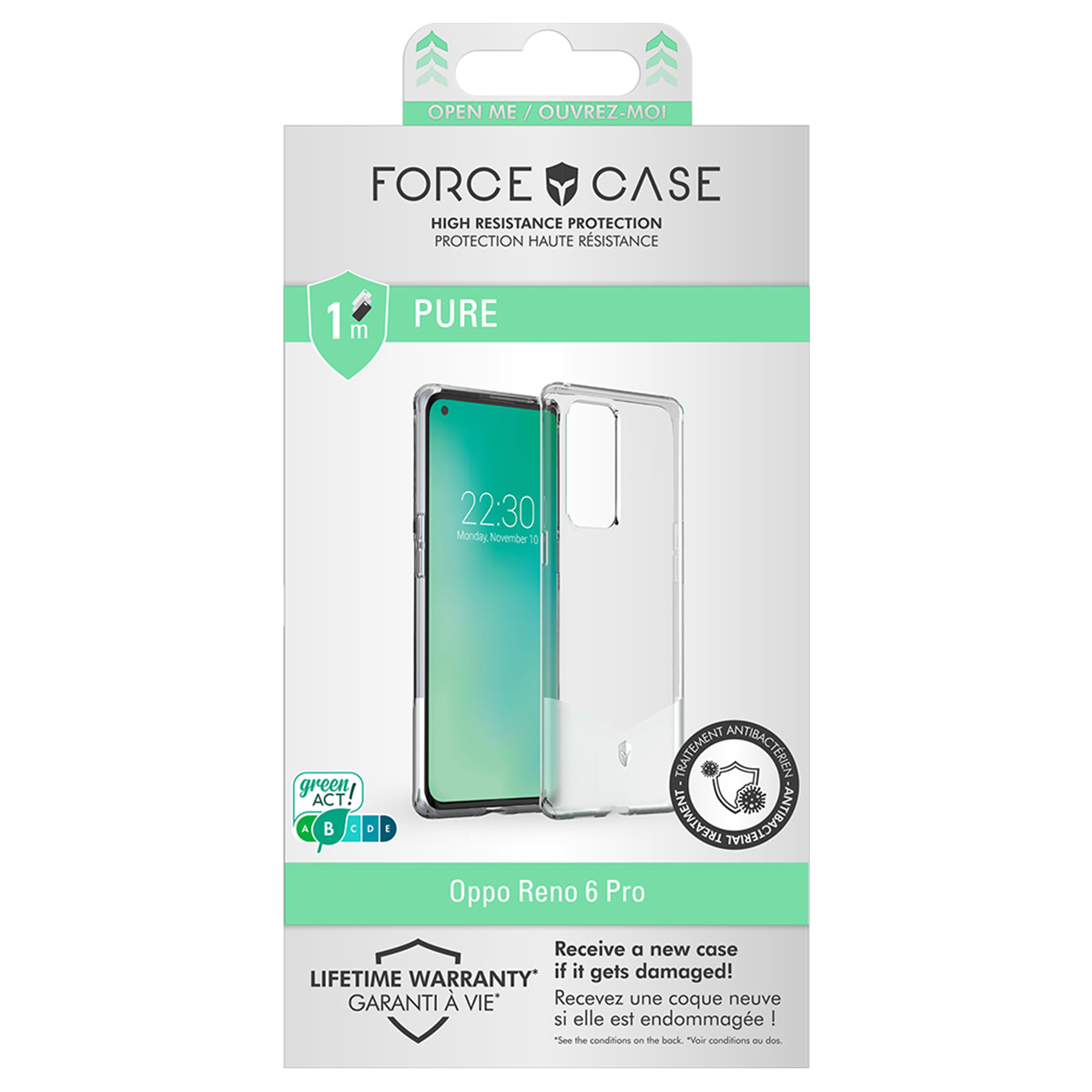 Una confezione di custodia per telefono. Contiene una custodia trasparente e uno schermo. Testo: Force Case, Oppo Reno 6 Pro, Lifetime Warranty.