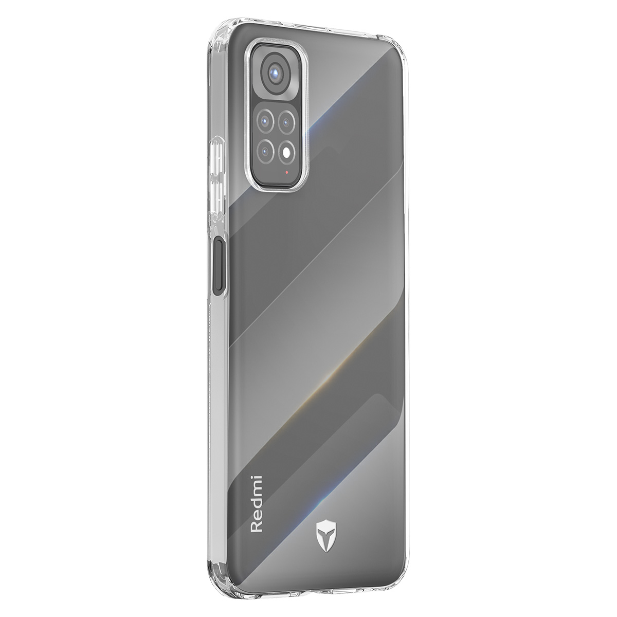 Una custodia trasparente per telefono su sfondo bianco. Il telefono ha un rigonfiamento della fotocamera e il logo Redmi. Linee diagonali grigie sul retro.