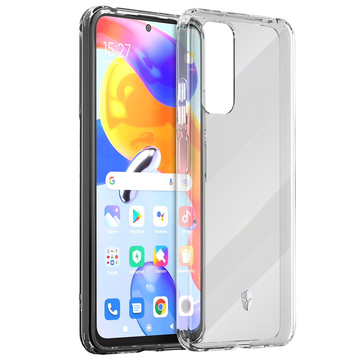 Uno smartphone con una custodia protettiva trasparente. Lo schermo visualizza icone e ora. Il telefono è nero.