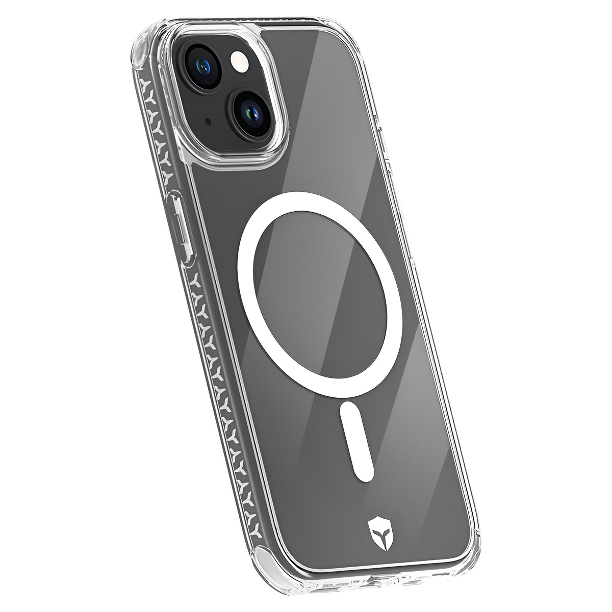 Transparante telefoonhoes met witte magnetische cirkel en klein logo. Transparant ontwerp beschermt cameralenzen.