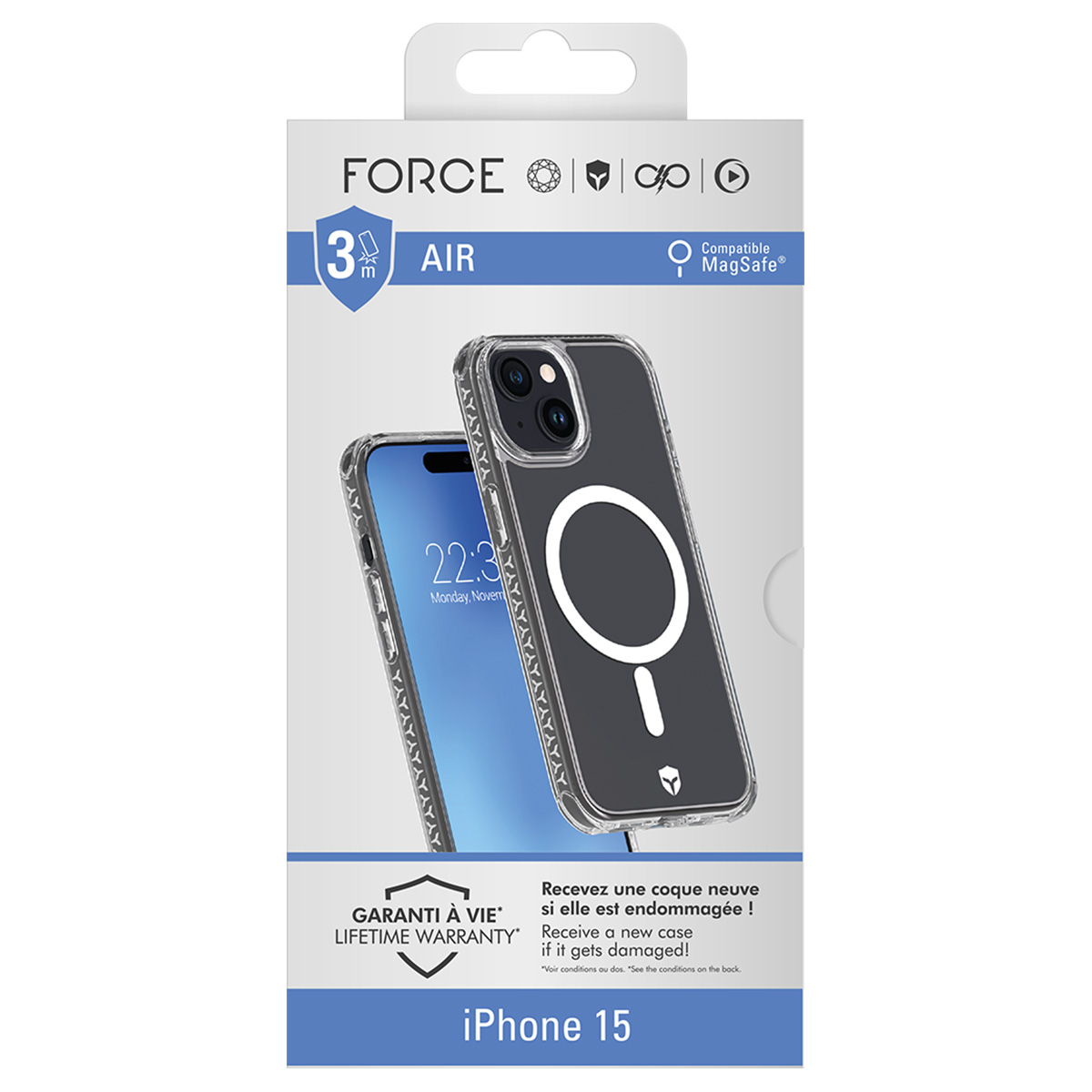 Een telefoonhoesje voor iPhone 15 wordt getoond. De hoes is transparant met een witte MagSafe-cirkel. De verpakking heeft tekst en logo's.
