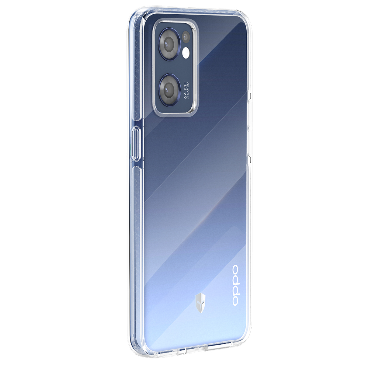 Una custodia trasparente protegge uno smartphone Oppo. La custodia è trasparente, mostrando il retro del telefono con fotocamere.