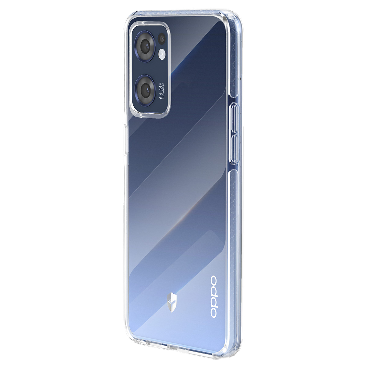Un telefono Oppo in una custodia trasparente. Il telefono ha una fotocamera a doppia lente. La custodia ha uno sfondo blu sfumato.