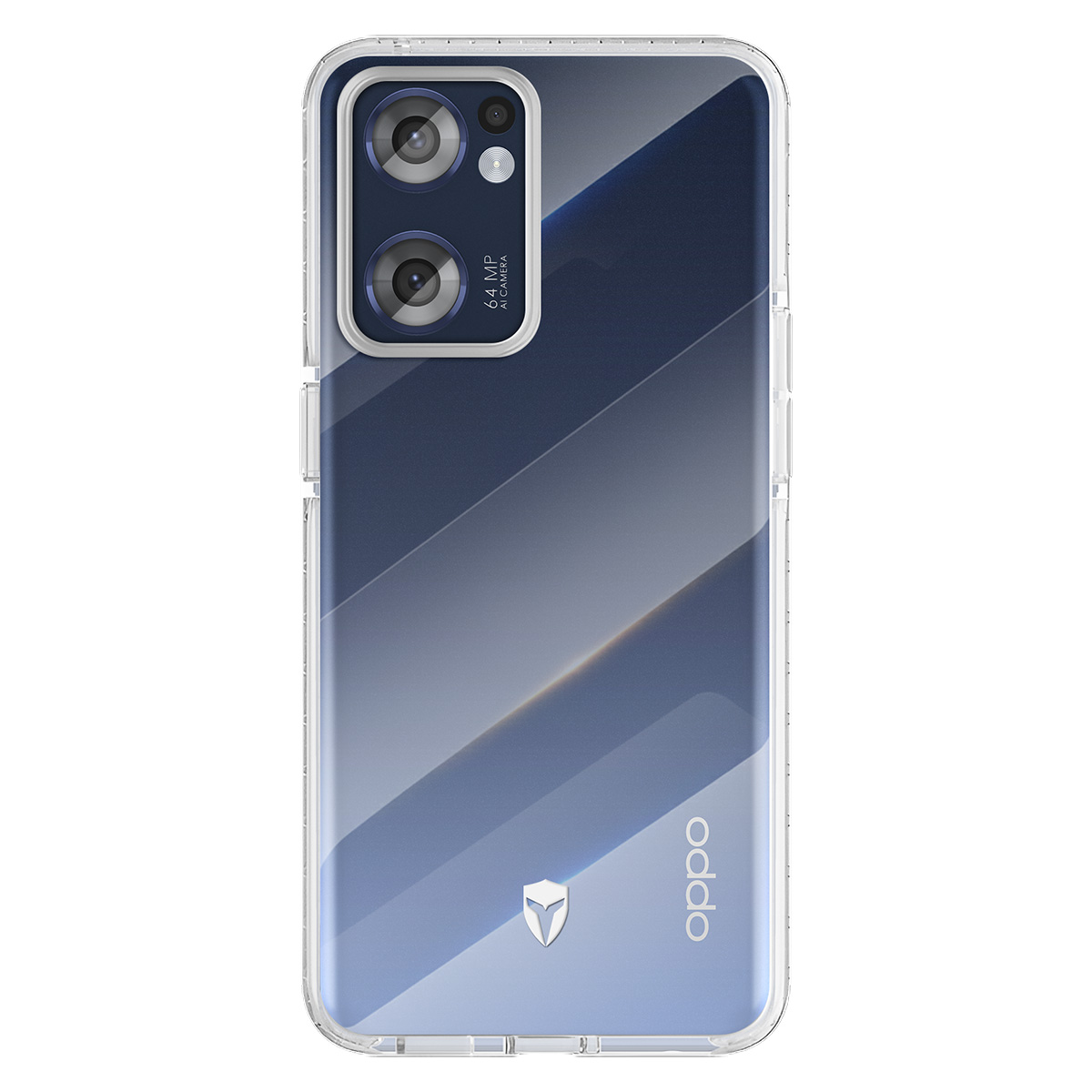 Un telefono Oppo in una custodia trasparente. Il telefono ha una fotocamera a doppia lente e il logo Oppo è visibile.