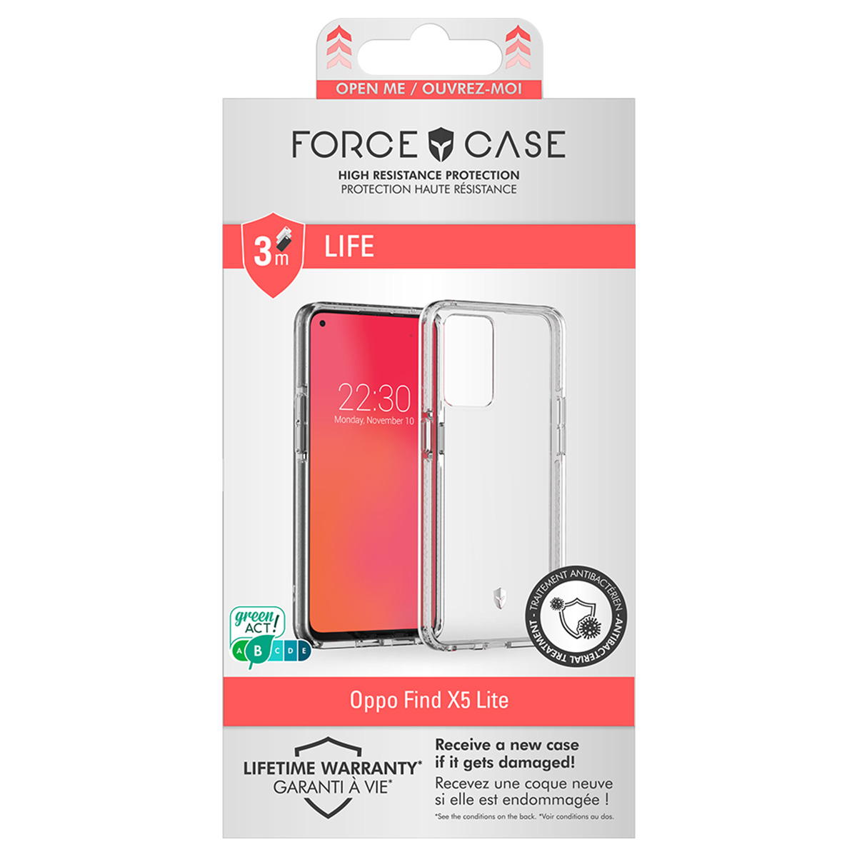 Una confezione di custodia per telefono. Contiene un telefono con schermo rosso e una custodia trasparente. La confezione ha testo e loghi.
