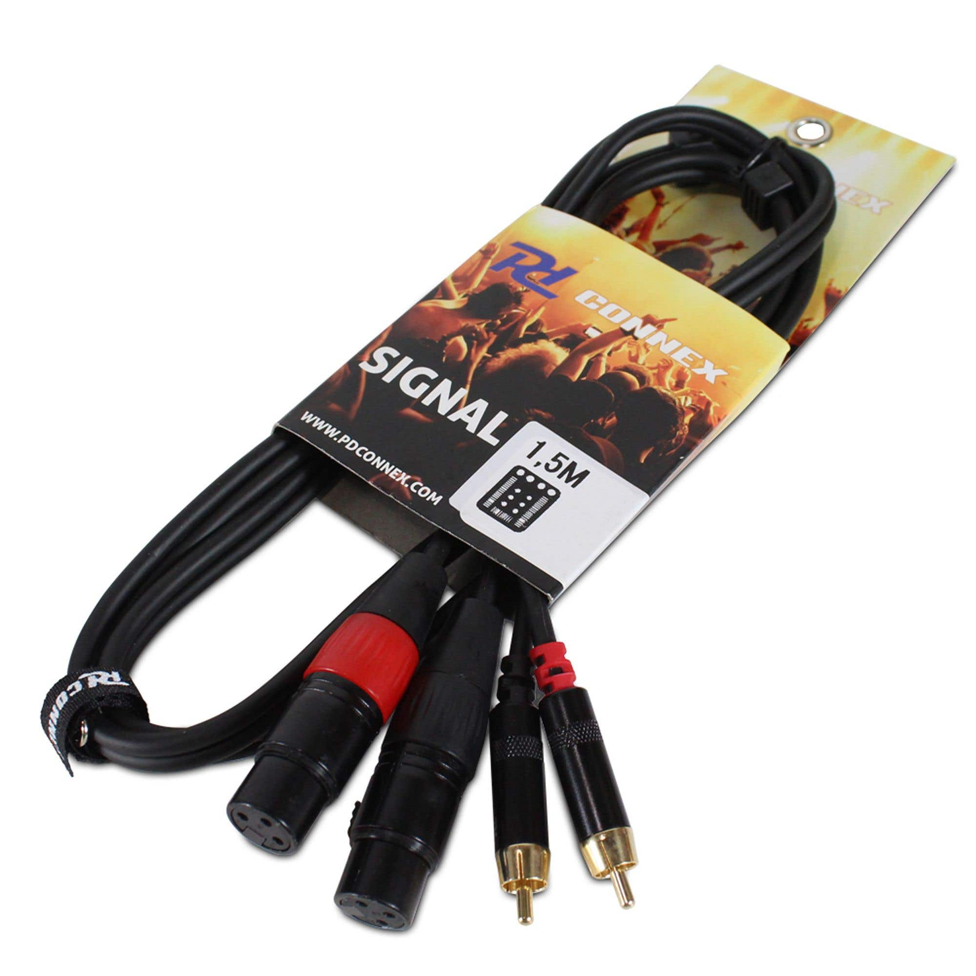 Cables de audio negros con conectores rojos y dorados, empaquetados con una tarjeta impresa con el logotipo y texto de la marca.