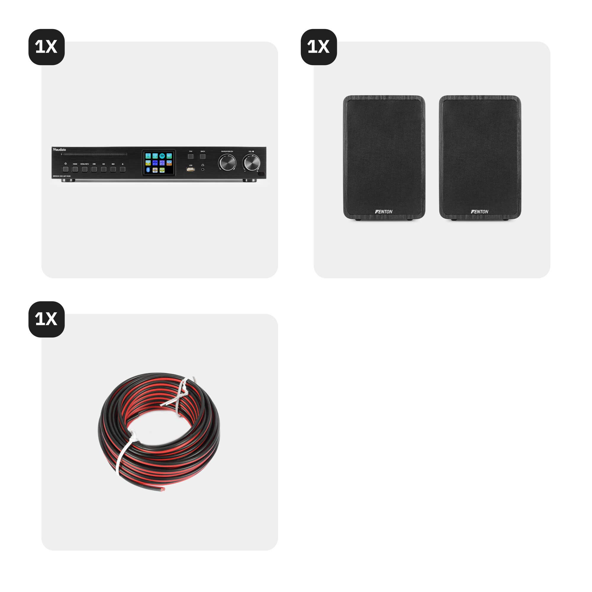 La imagen muestra equipos de audio: un receptor, dos altavoces y una bobina de cable rojo y negro.