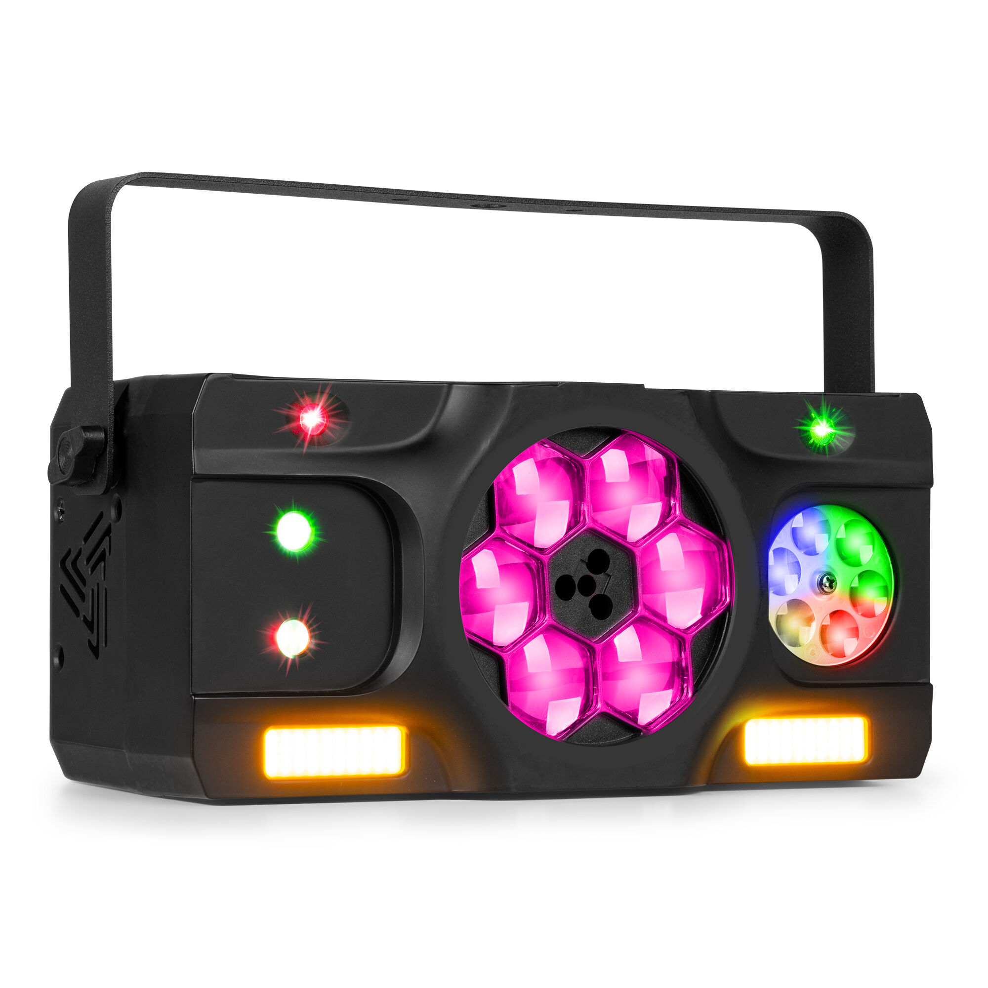 Luminaria negra con asa. Cuenta con luces rosas, verdes, rojas y amarillas. Luces rosas hexagonales en el centro.