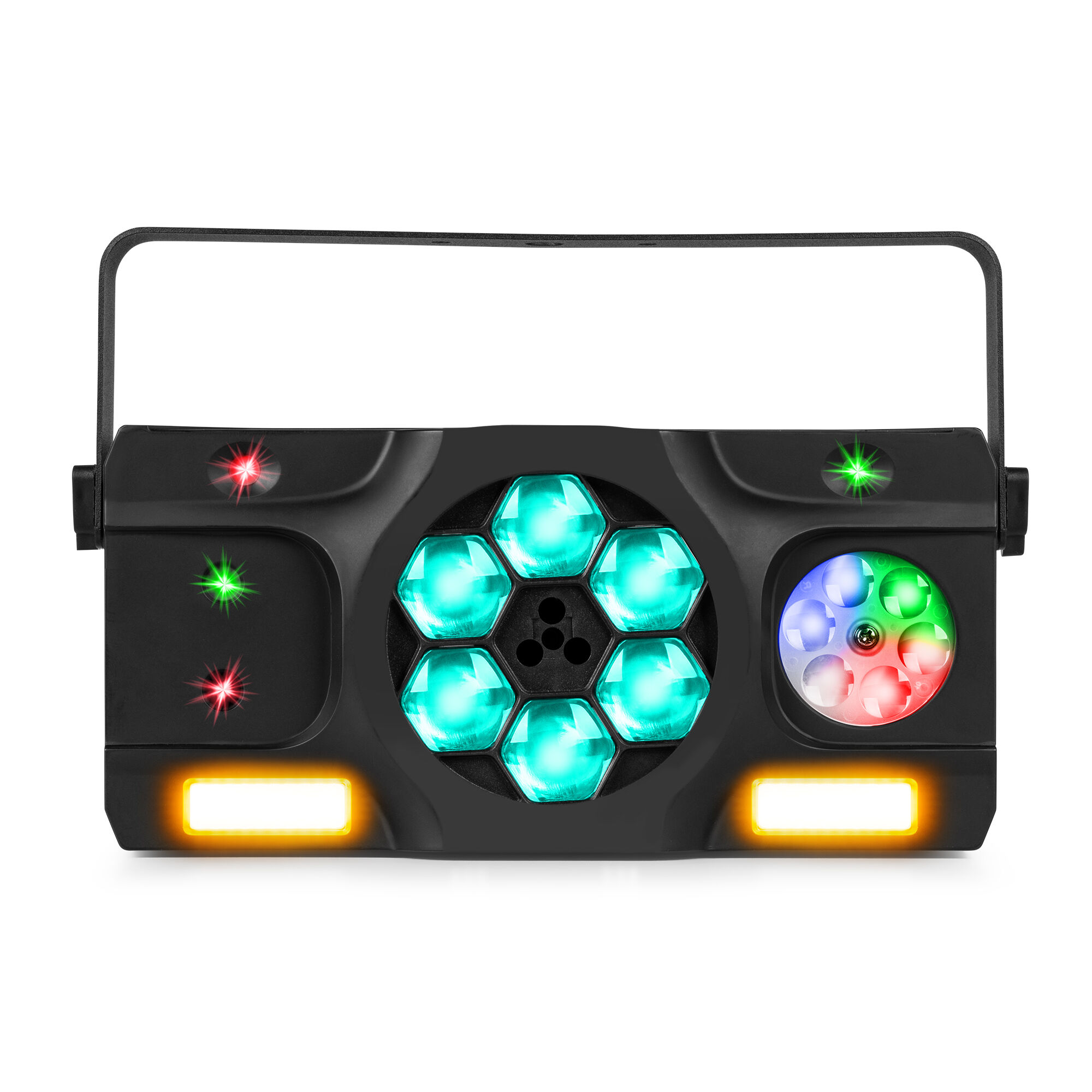 Un accesorio de luz negro con múltiples luces de colores. Tiene un asa. El fondo es blanco.