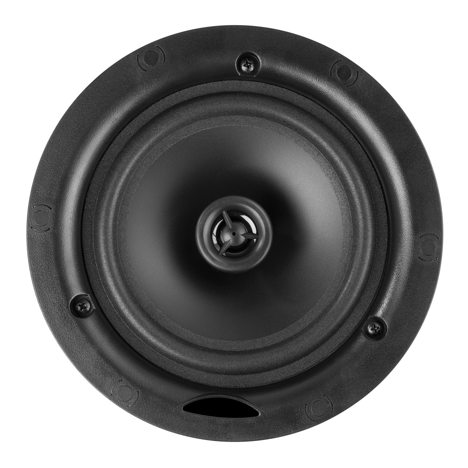 Un altavoz circular negro, con un cono central y un anillo circundante. Los tornillos aseguran el altavoz a un marco negro.