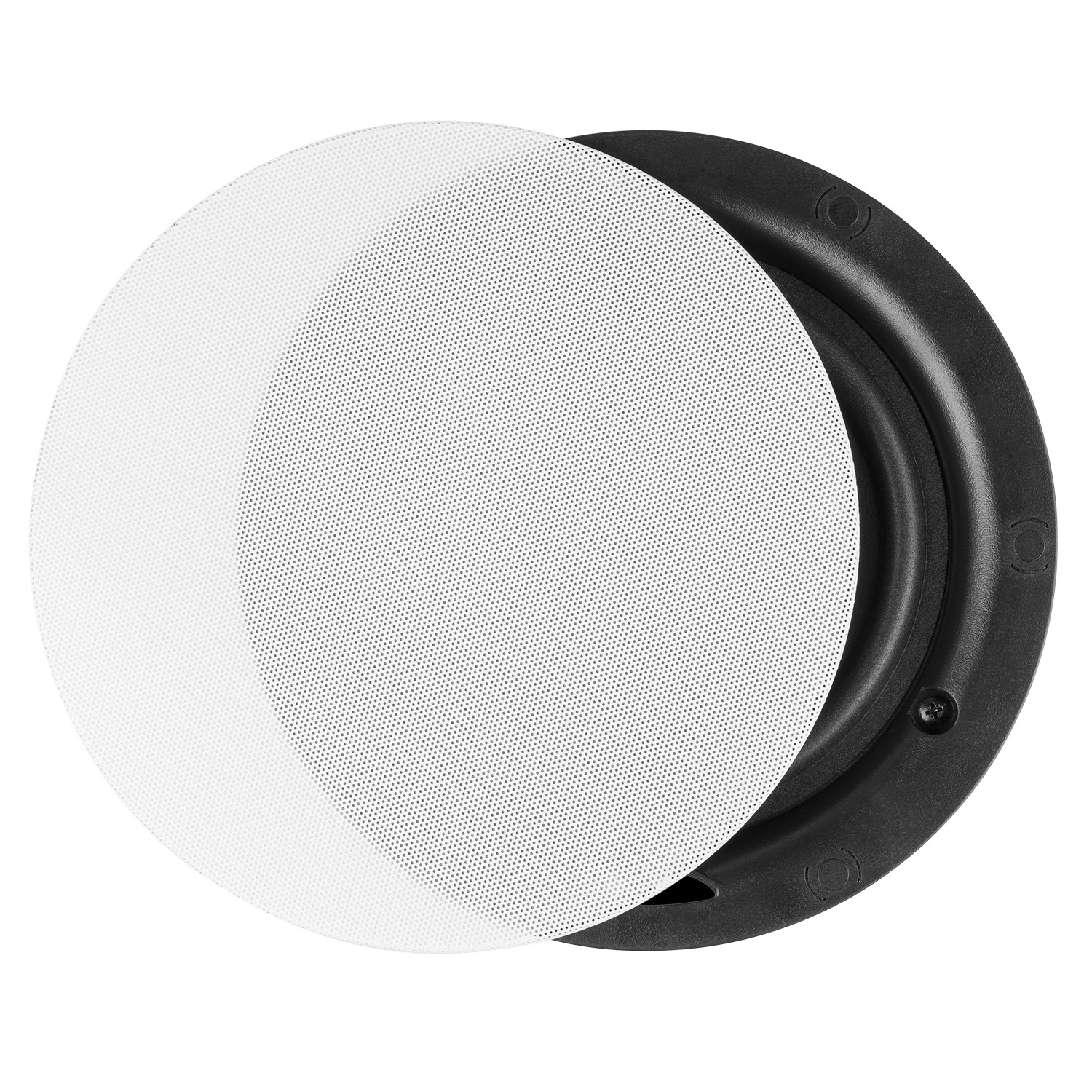 Una cubierta de altavoz blanca y perforada cubre parcialmente un altavoz negro. El altavoz tiene forma circular.