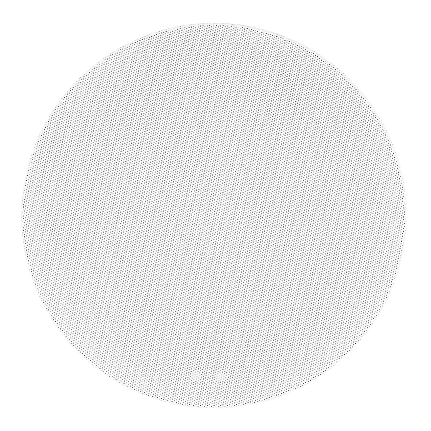 Una rejilla de altavoz blanca y circular con pequeños agujeros espaciados. El fondo es blanco.