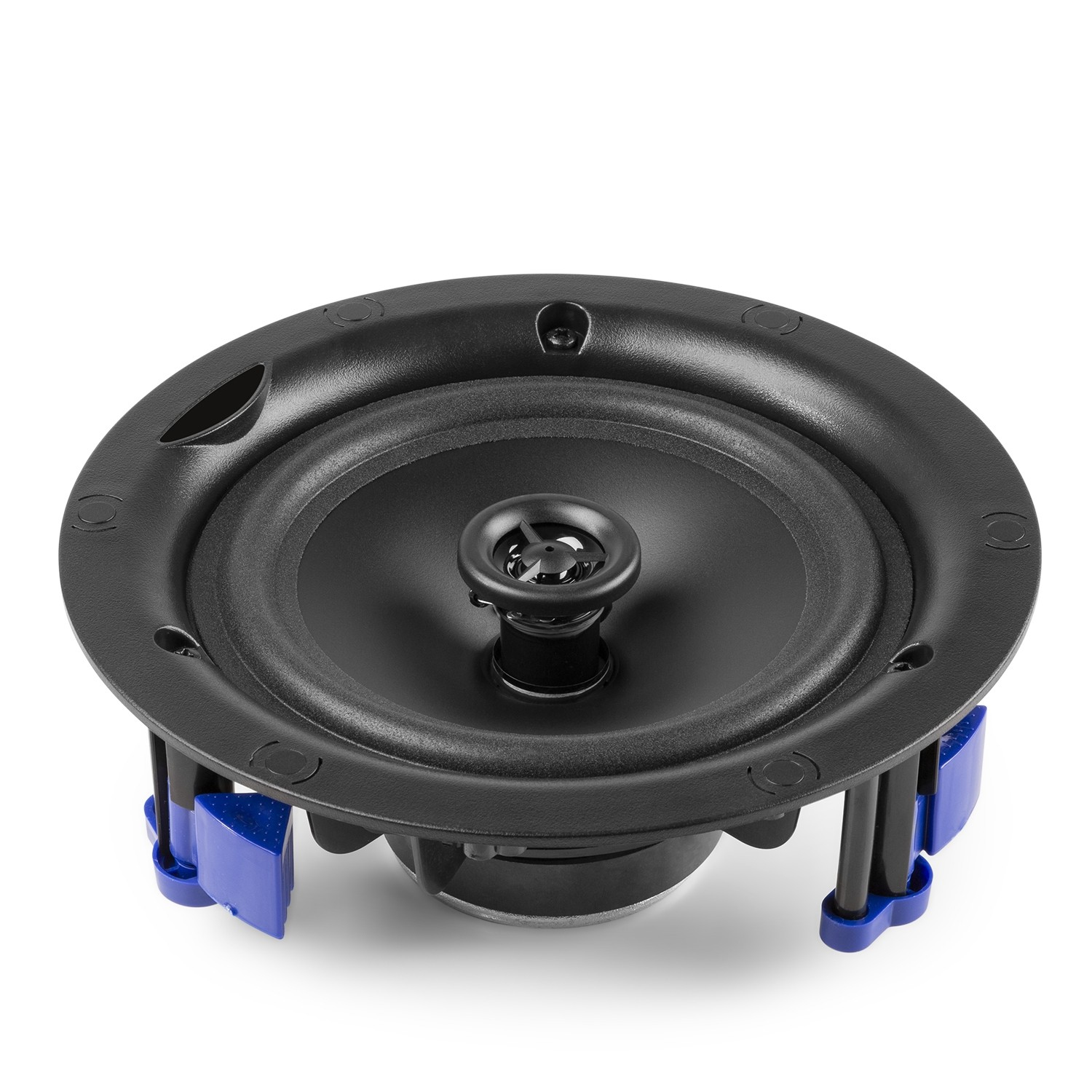 Un altavoz negro de techo con centro oscuro y clips de montaje azules sobre fondo blanco.