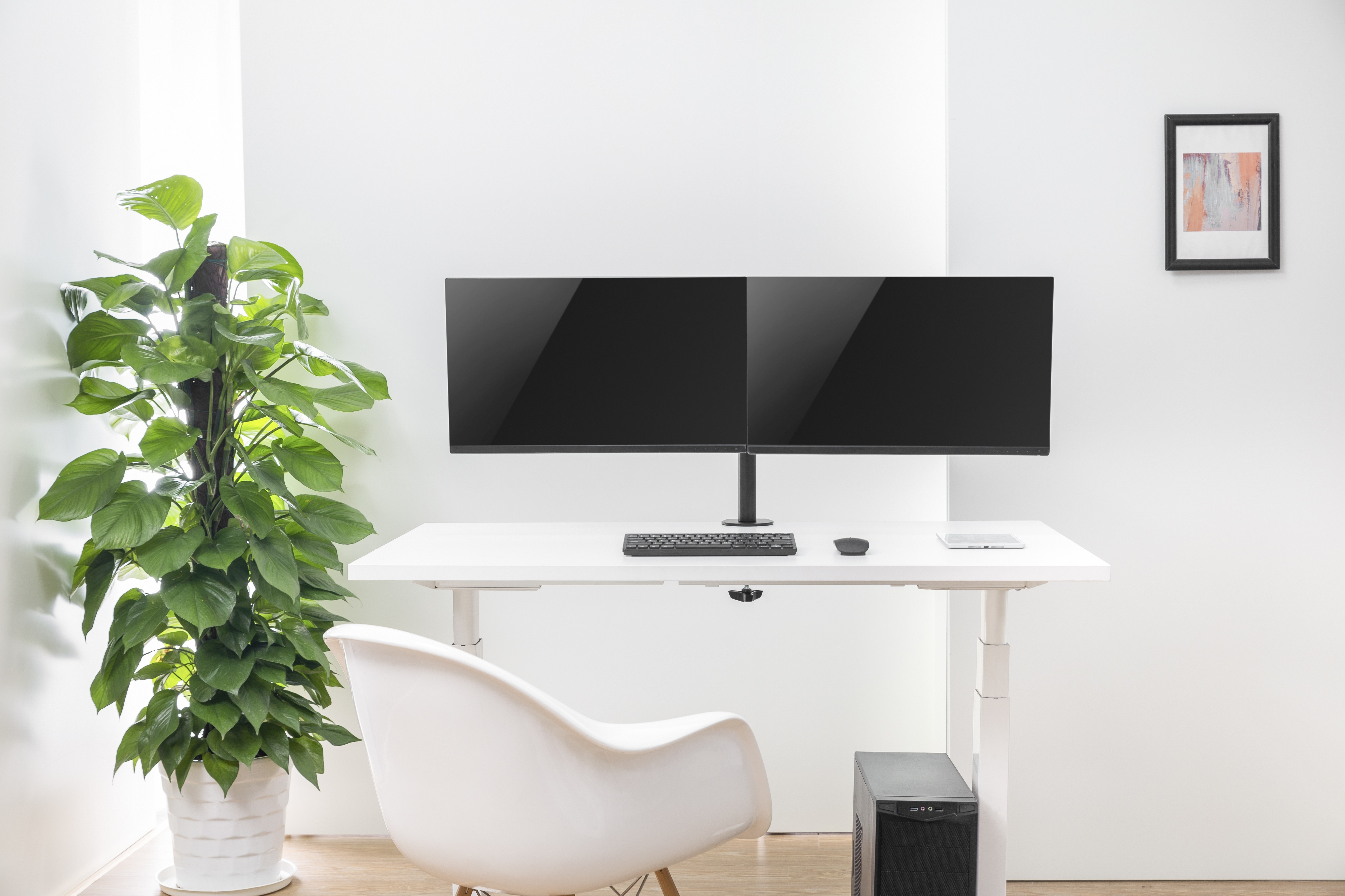 Een moderne kantooropstelling met bureau, dubbele monitoren, een plant en een stoel.