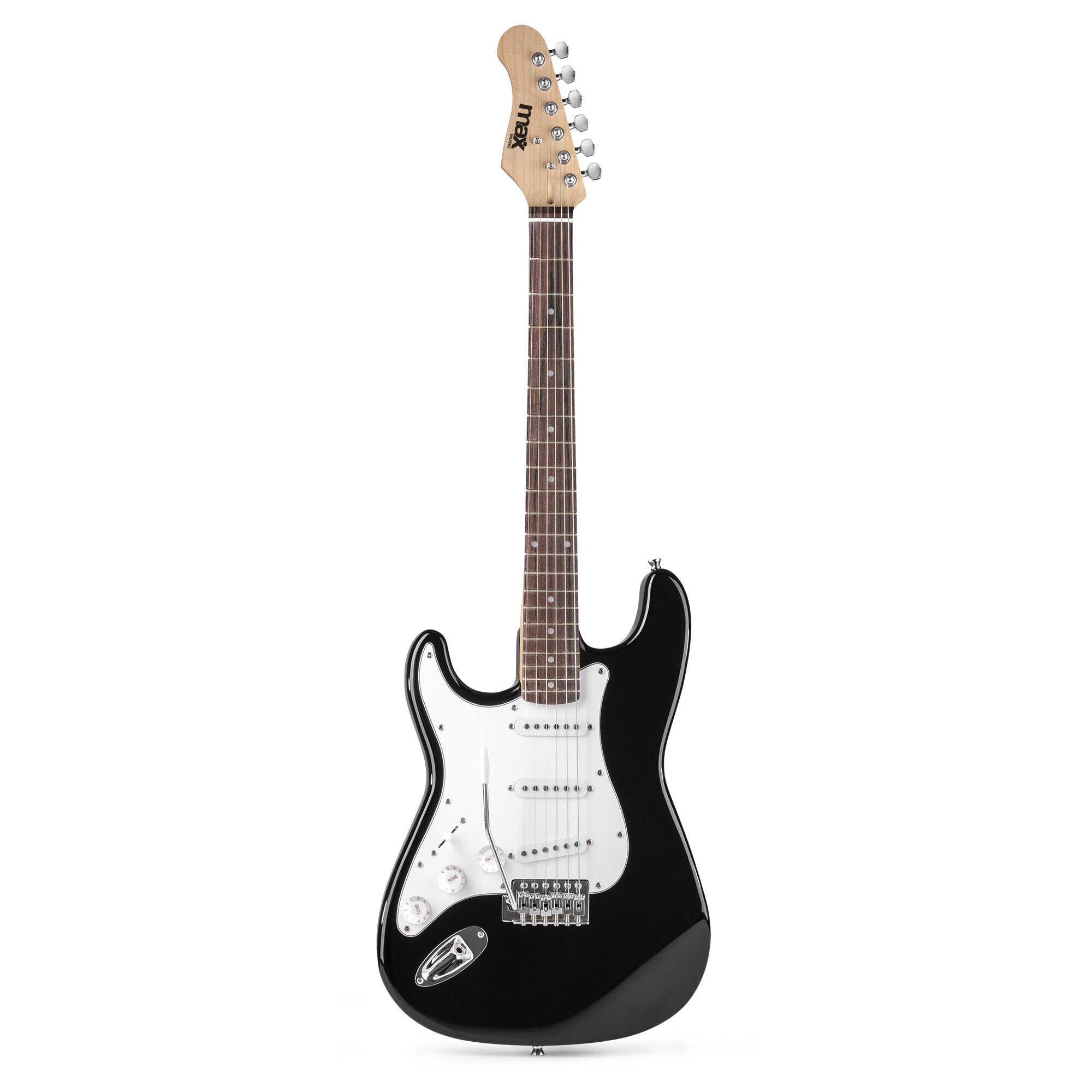 Una guitarra eléctrica en blanco y negro sobre fondo blanco. La guitarra tiene mástil y clavijero de madera.