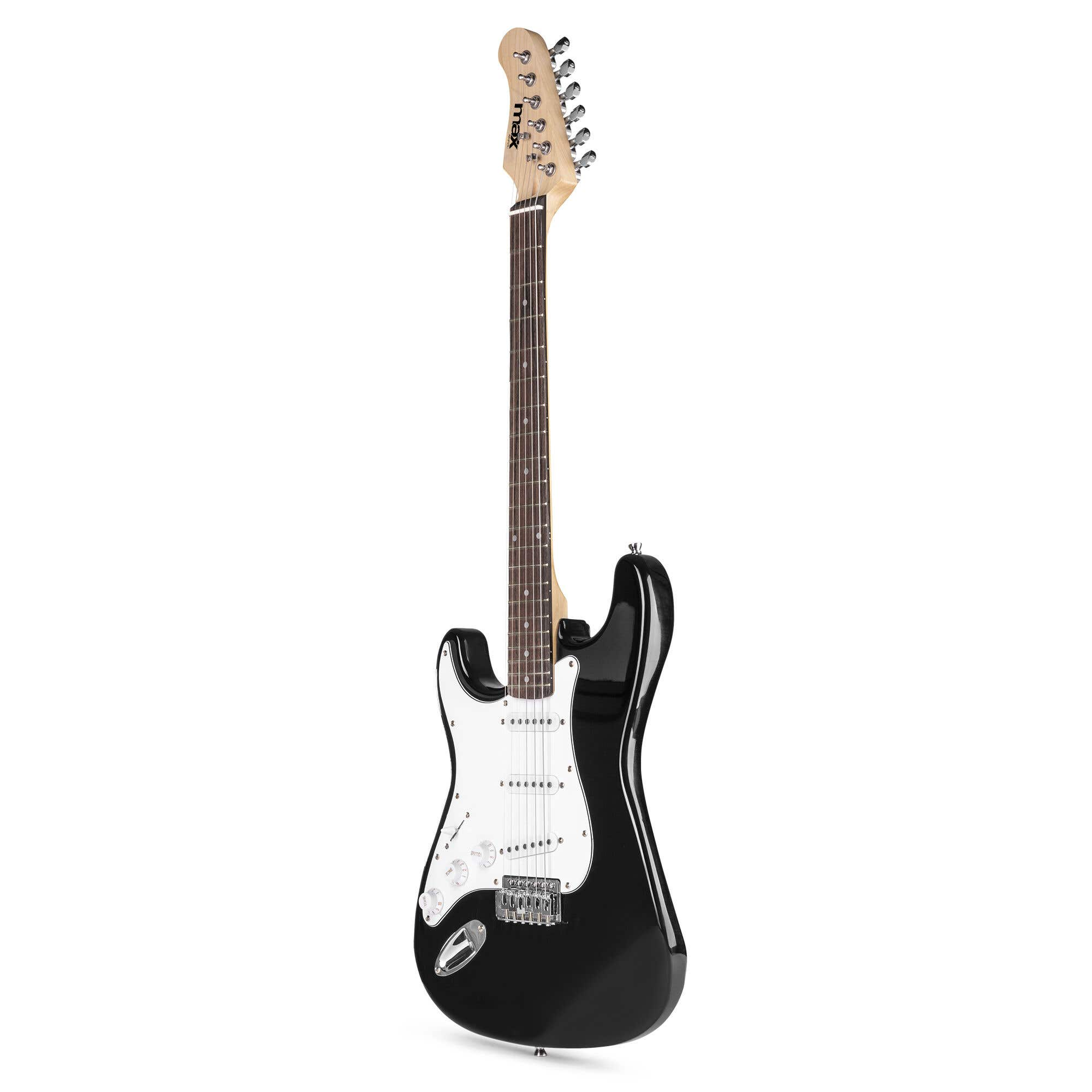Una guitarra eléctrica negra con golpeador blanco sobre un fondo blanco.