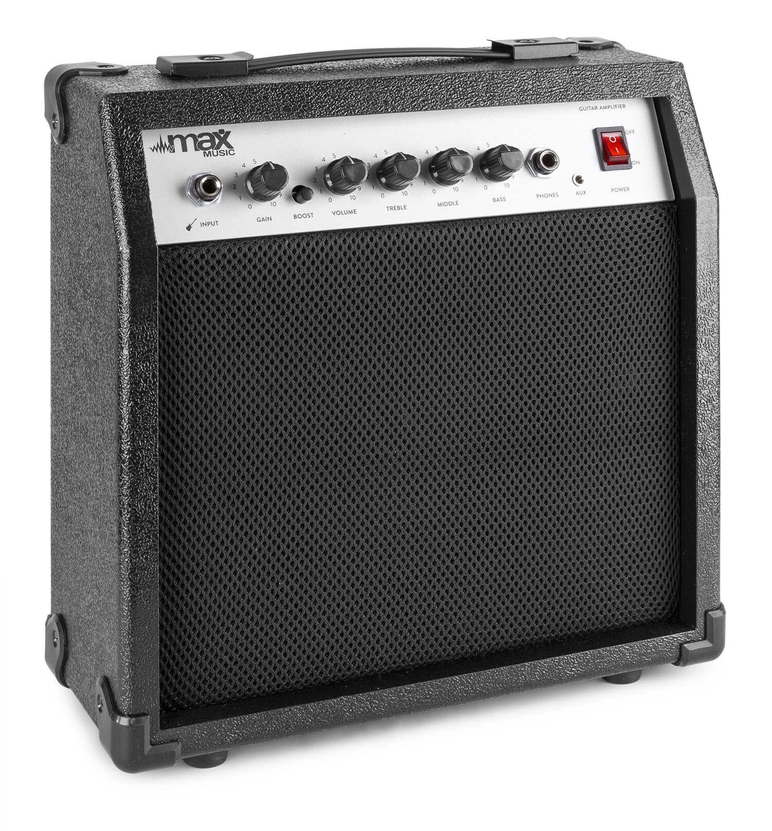 Un amplificador de guitarra negro con perillas y un altavoz. Tiene la marca Max Music.