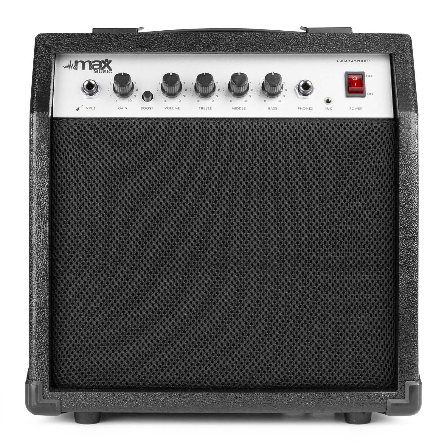 Un amplificador de guitarra negro con perillas, un altavoz e interruptor. La marca 'max music' es visible.
