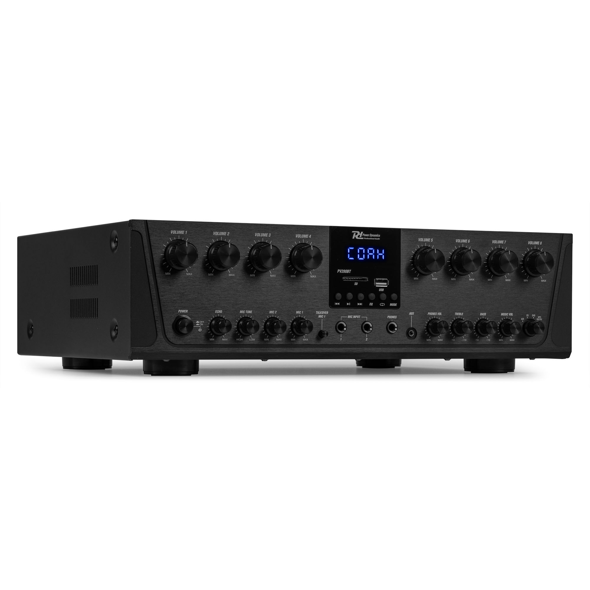 Amplificador de audio negro con perillas y botones. Tiene una pantalla digital y varias entradas. Fondo blanco.