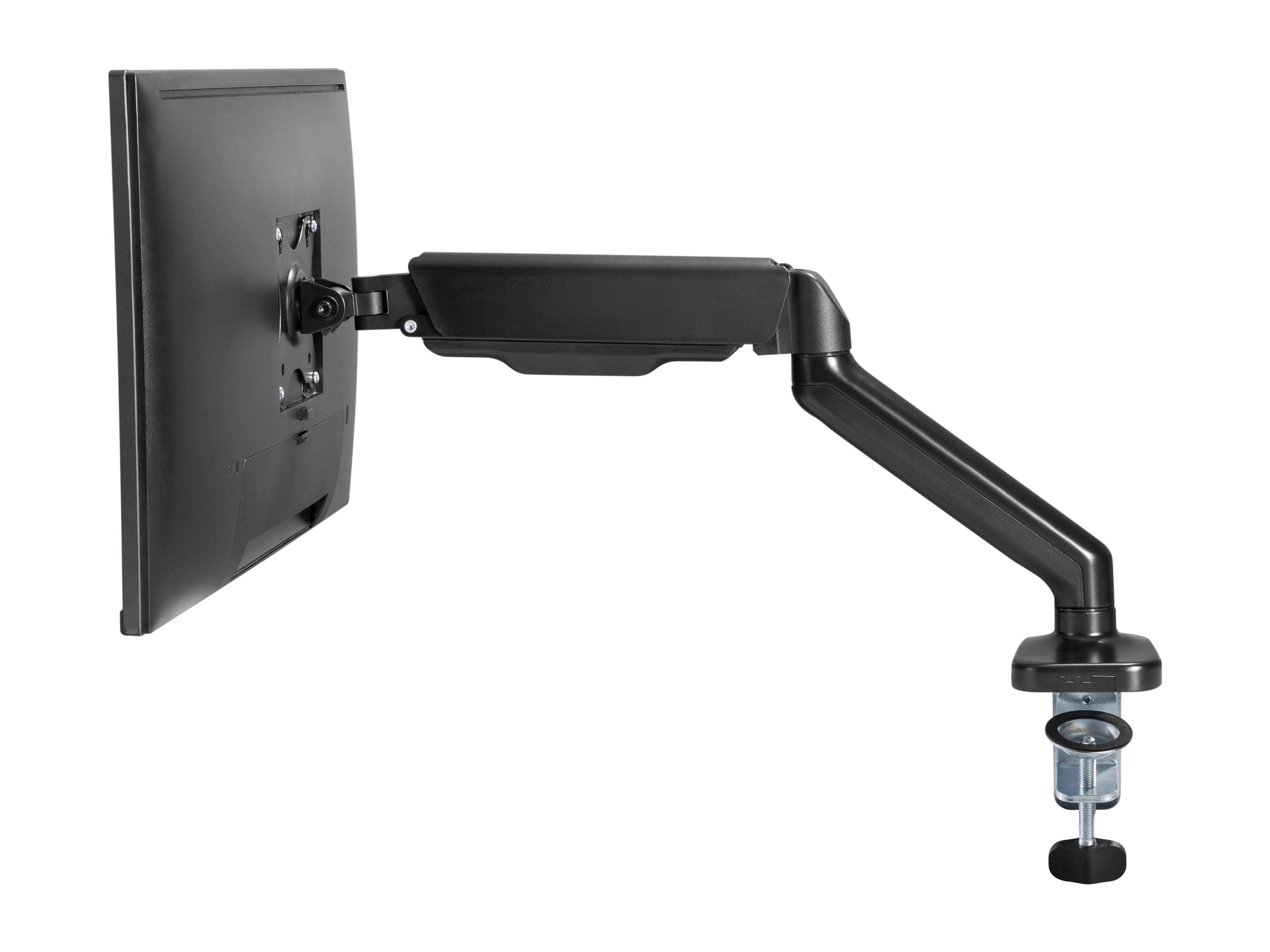 A black monitor is mounted on a black arm with a clamp. The background is white.